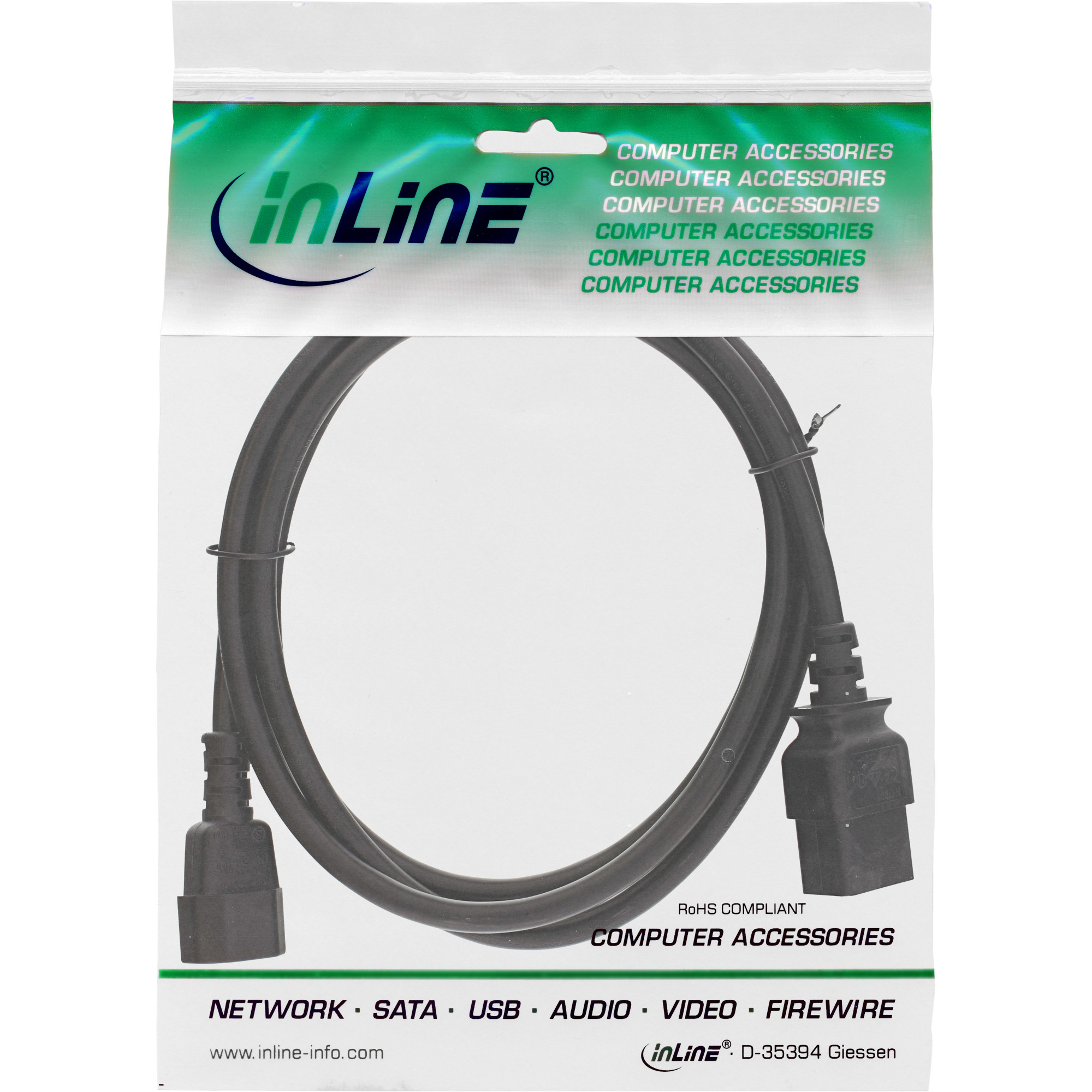 Schwarzes Netzkabel in Plastiktüte mit Text, auf weißem Hintergrund. InLine-Logo ist zu sehen.