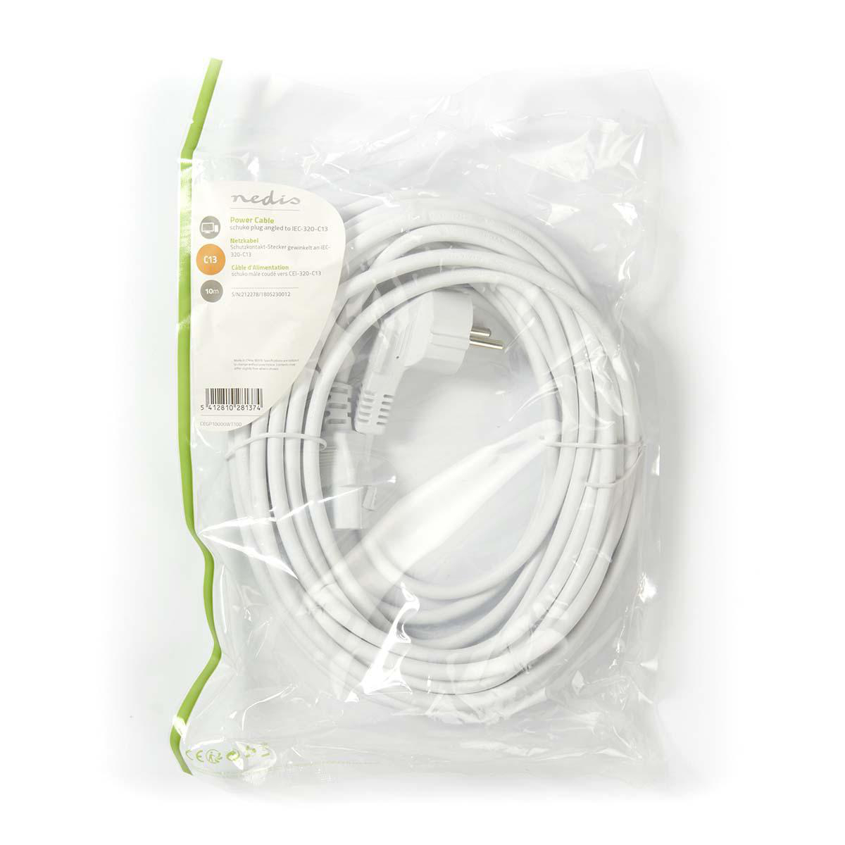 Cavo di alimentazione bianco in un sacchetto di plastica trasparente. Bordo verde sulla borsa.