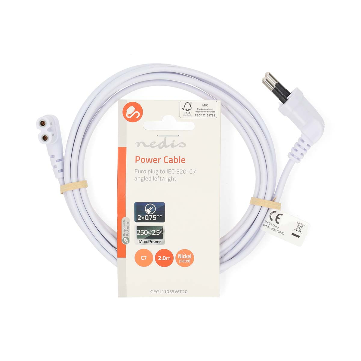 A white power cable with a Nedis label and packaging, with a white background.