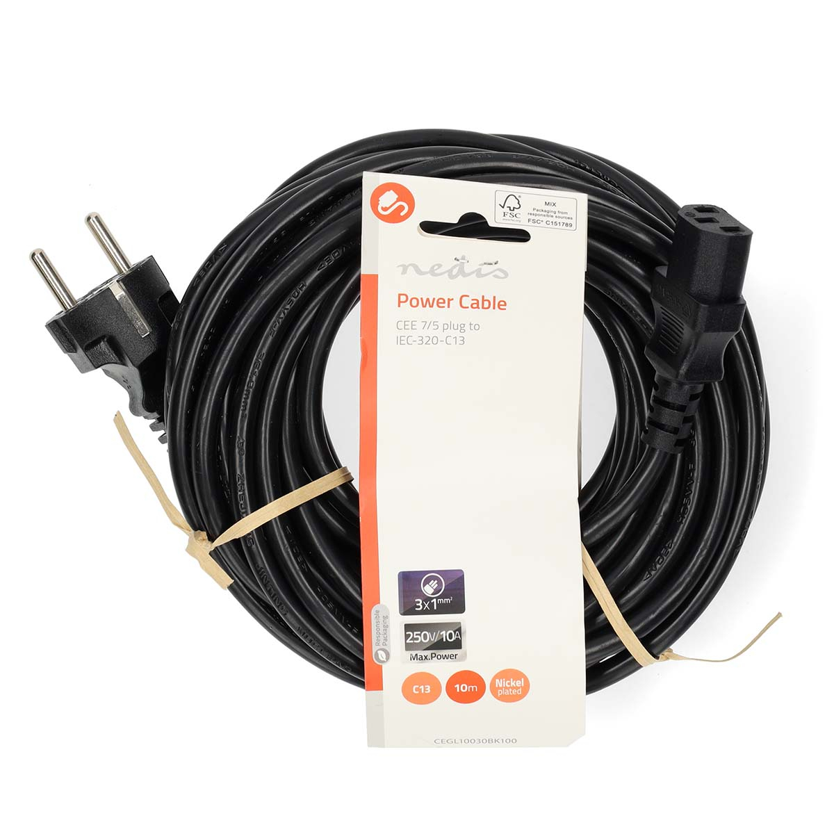 Zwarte stroomkabel opgerold met een wit label eraan. Het label zegt Nedis Power Cable.