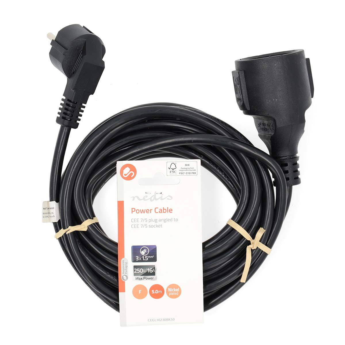 Black power cable with a white label attached. The label says Nedis Power Cable and has plugs.