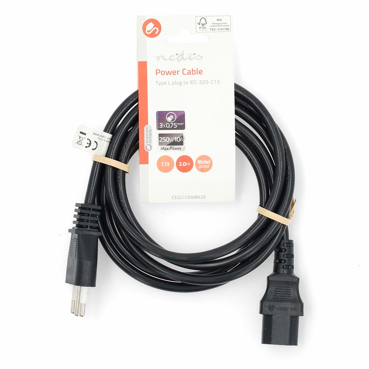 Black power cable with a C13 connector and a Type L plug, on a white background.