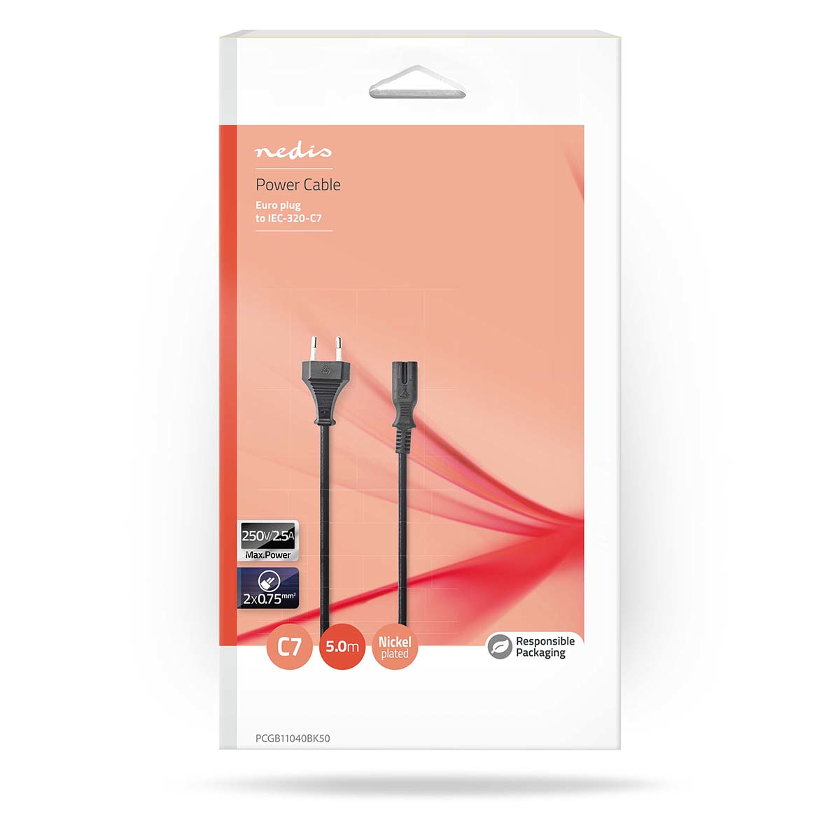 Una caja blanca con un cable de alimentación negro. El cable tiene un enchufe europeo y un conector IEC-320-C7.