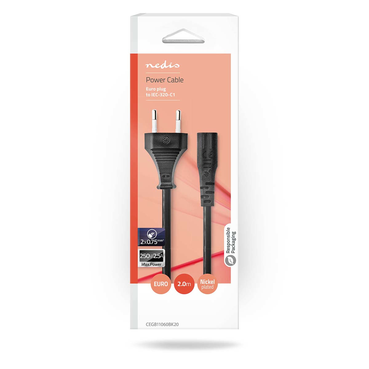 Embalaje de cable de alimentación blanco y rojo con enchufe Euro negro y texto.