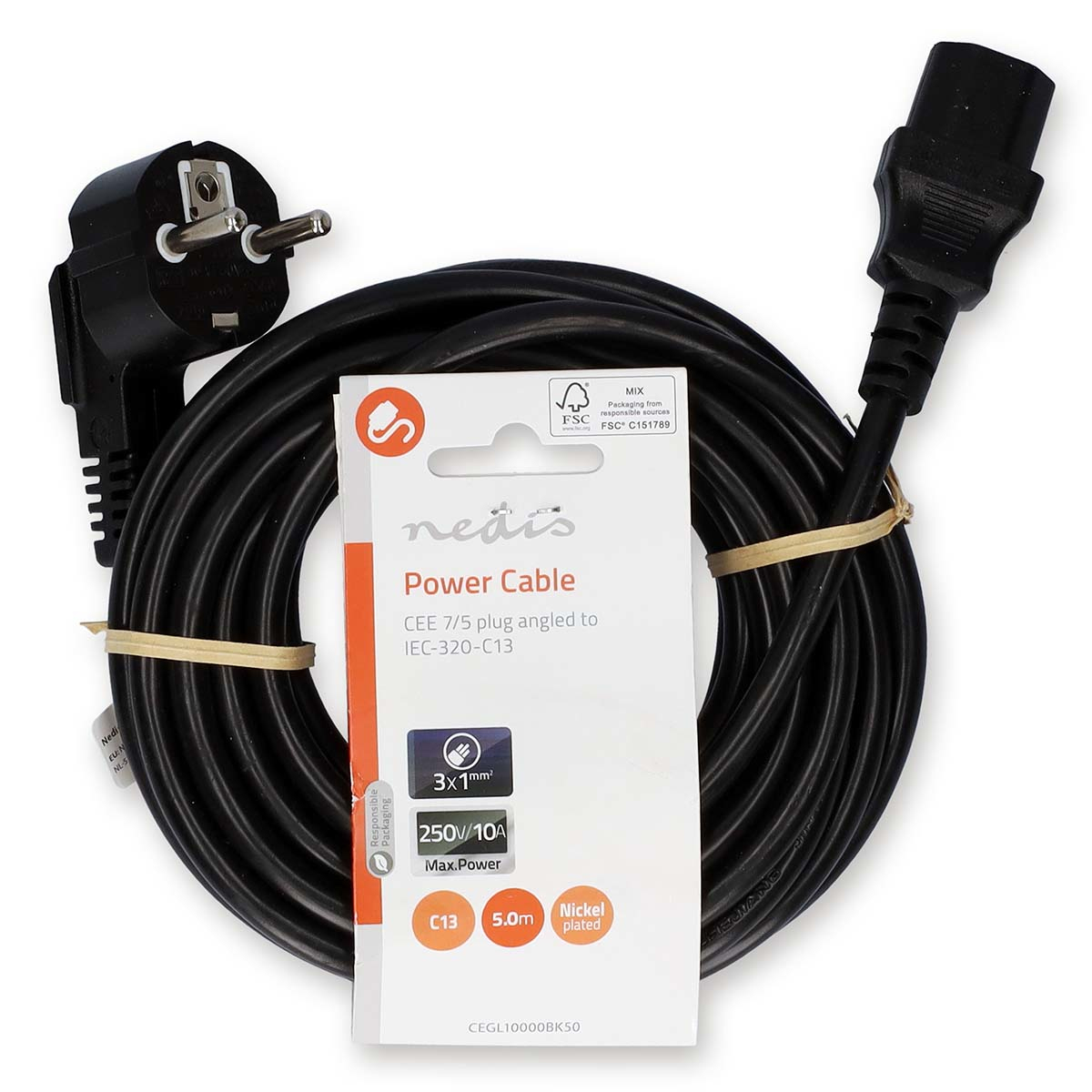 Czarny przewód zasilający z wtyczką EU, końcówką C13 i etykietą produktu.