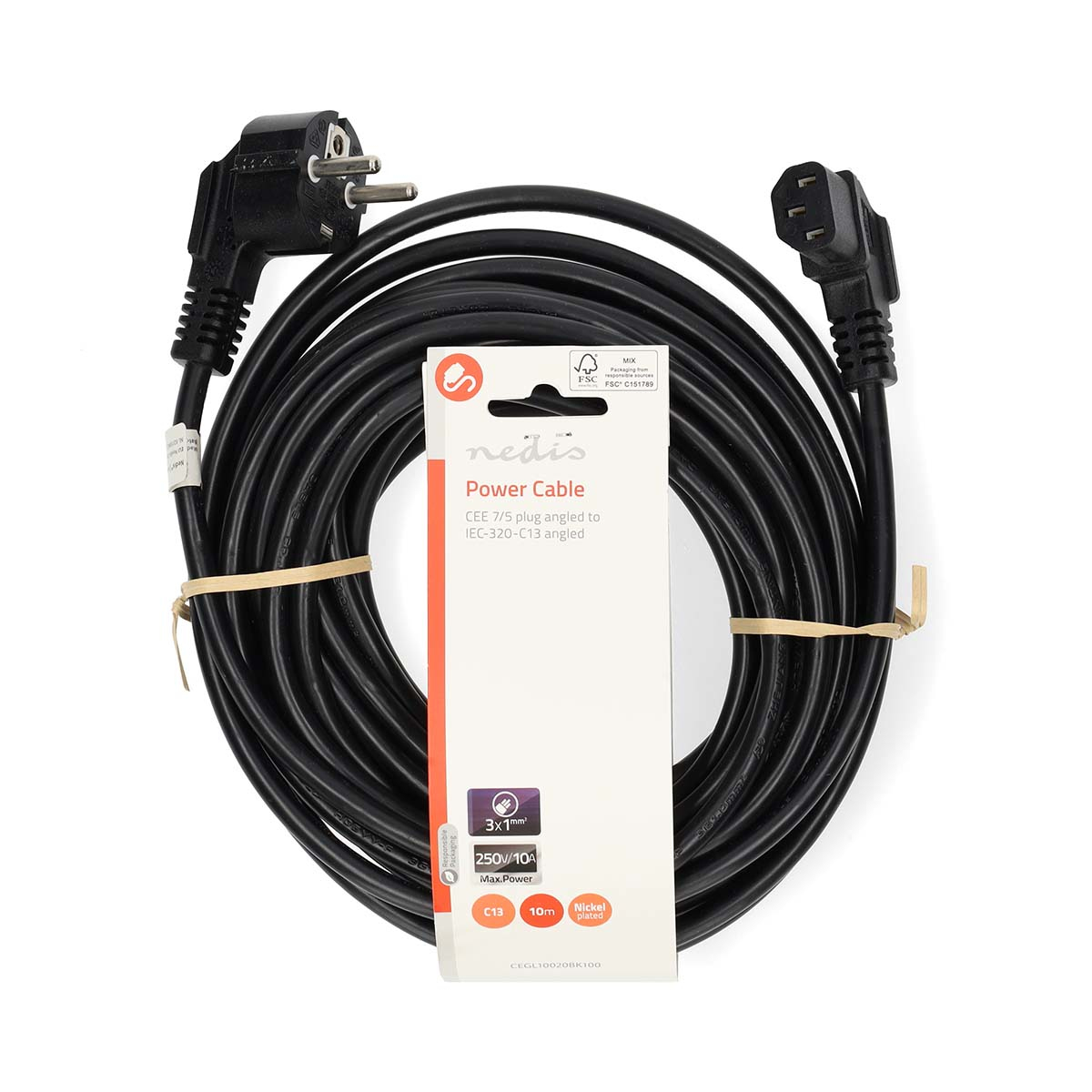 Black power cable, angled plug, and packaging. The background is white.