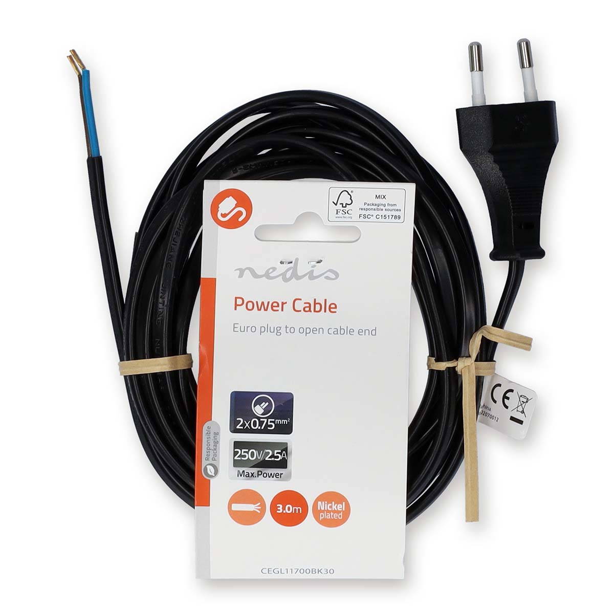 Black power cable with a Euro plug, open end, and a product label. White background.