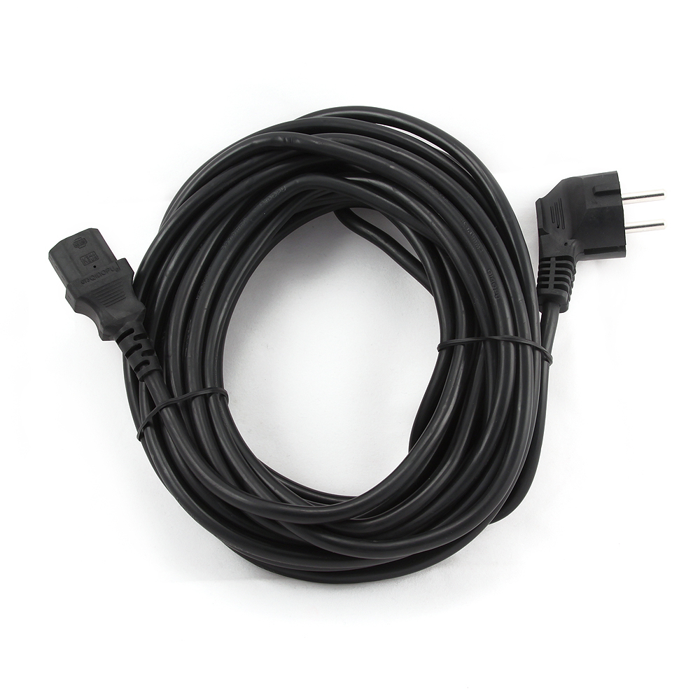 Cable de alimentación negro. Tiene un enchufe macho y un enchufe hembra con un lazo.