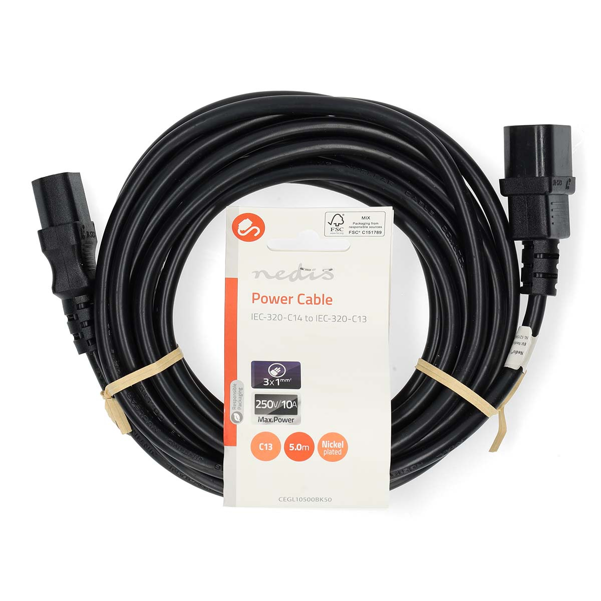 Black power cable with C13 and IEC-320-C13 connectors, on a white background.