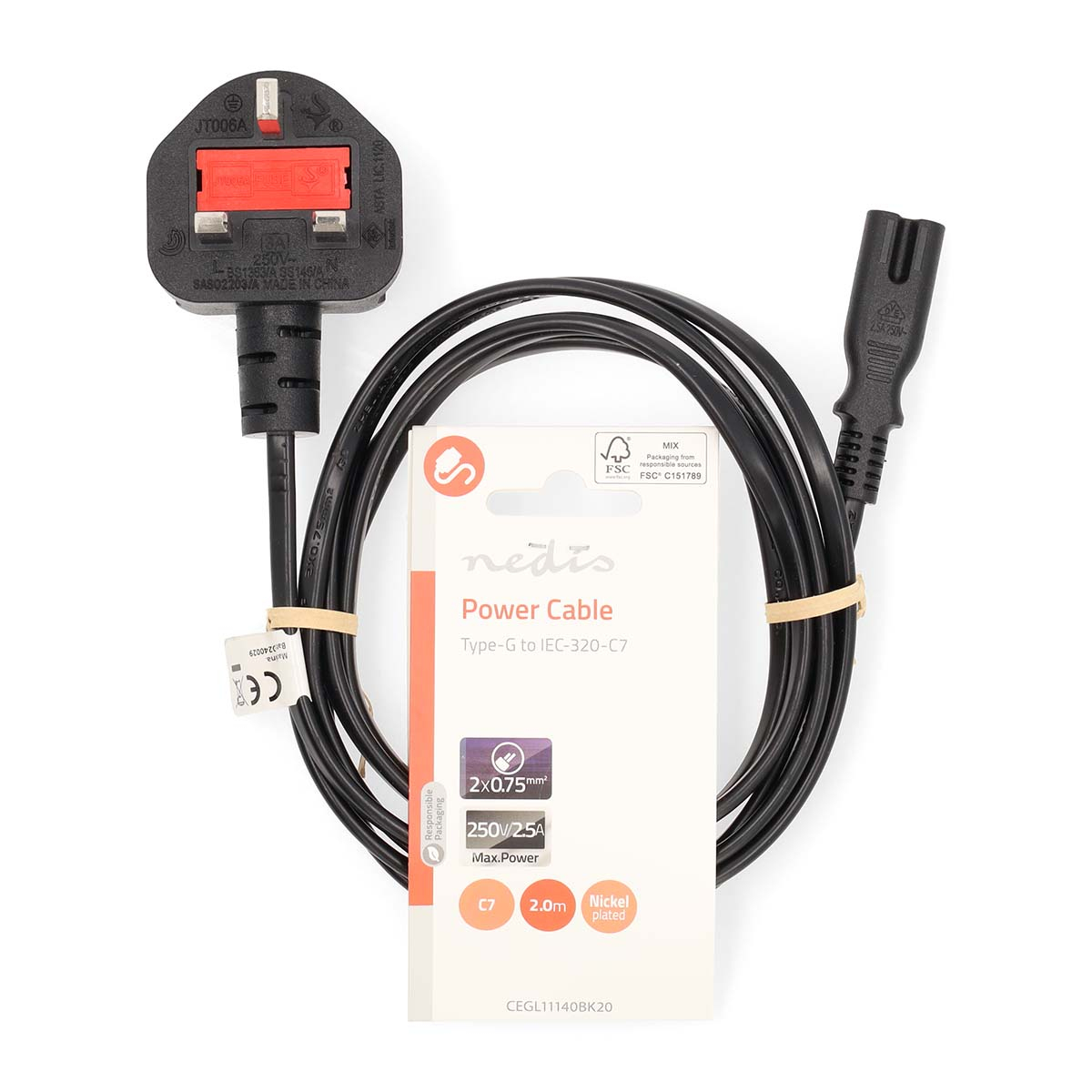 Black power cable with UK and C7 plugs, a Nedis label, and a rubber band.