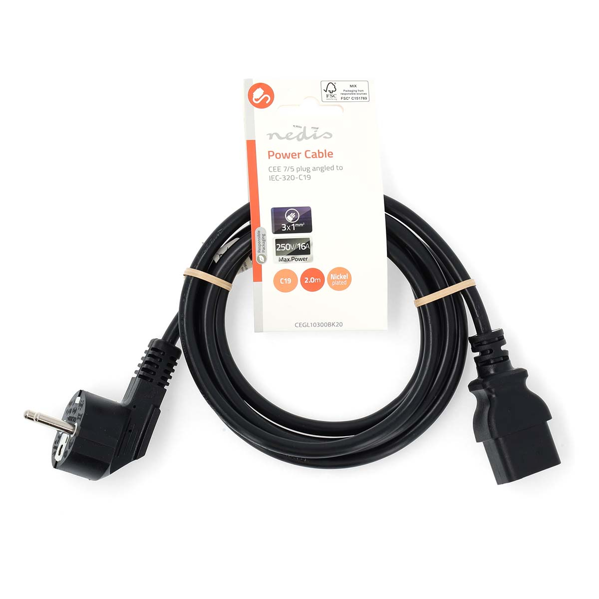 Czarny kabel zasilający z białą etykietą. Kabel ma dwa różne złącza.