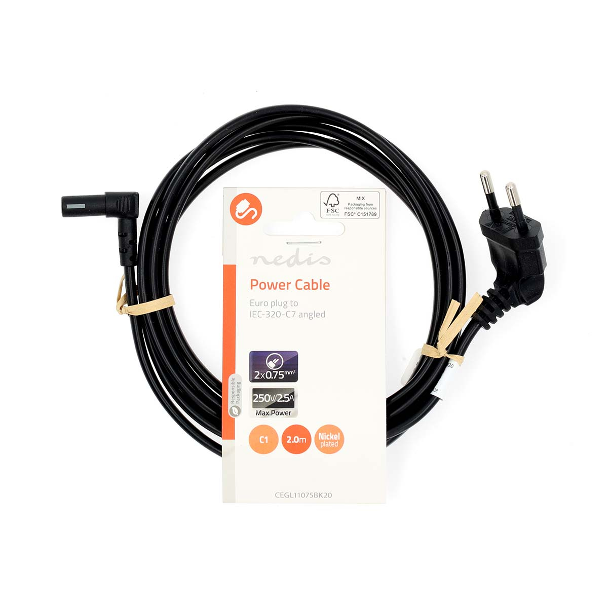 A black power cable with a euro plug and an angled connector. A white card reads 'Power Cable'.