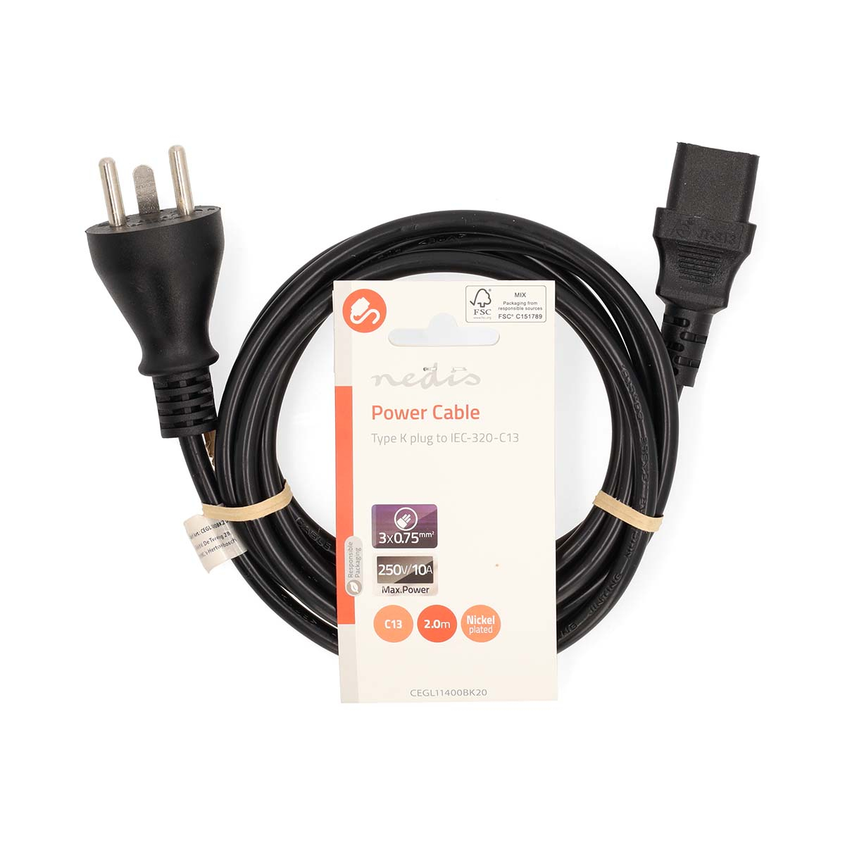 Cable de alimentación negro con enchufe tipo K, IEC-320-C13 y etiqueta del producto. Fondo blanco.