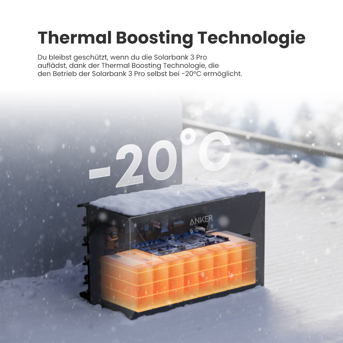 Eine Anker Powerbank in einer verschneiten Umgebung bei einer Temperatur von -20 Grad Celsius.