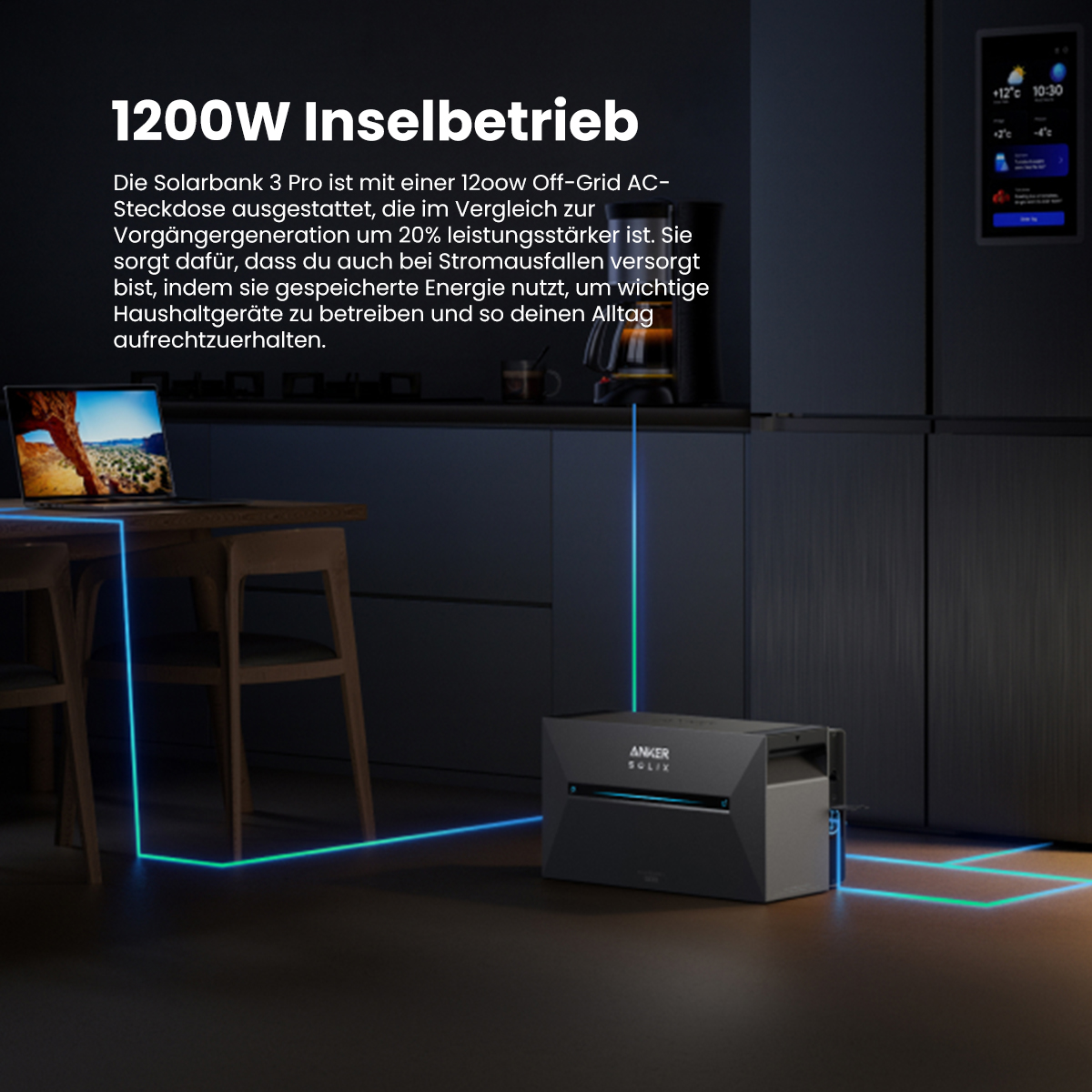 Bild einer schwarzen Powerstation, Laptop und Frau mit Textüberlagerung.