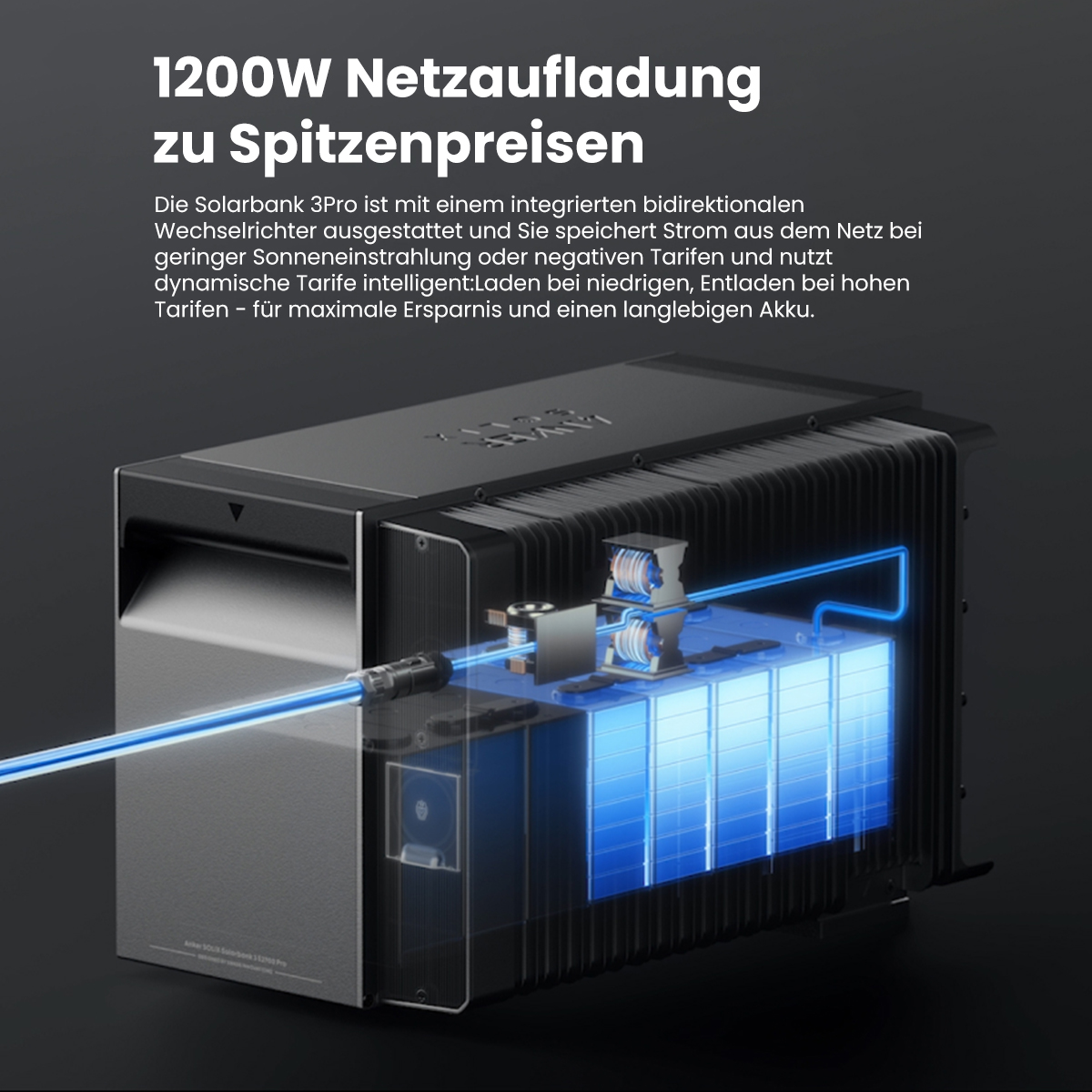 Ein schwarzes Kraftwerk mit blauen Details, das interne Komponenten zeigt. Text beschreibt Funktionen.