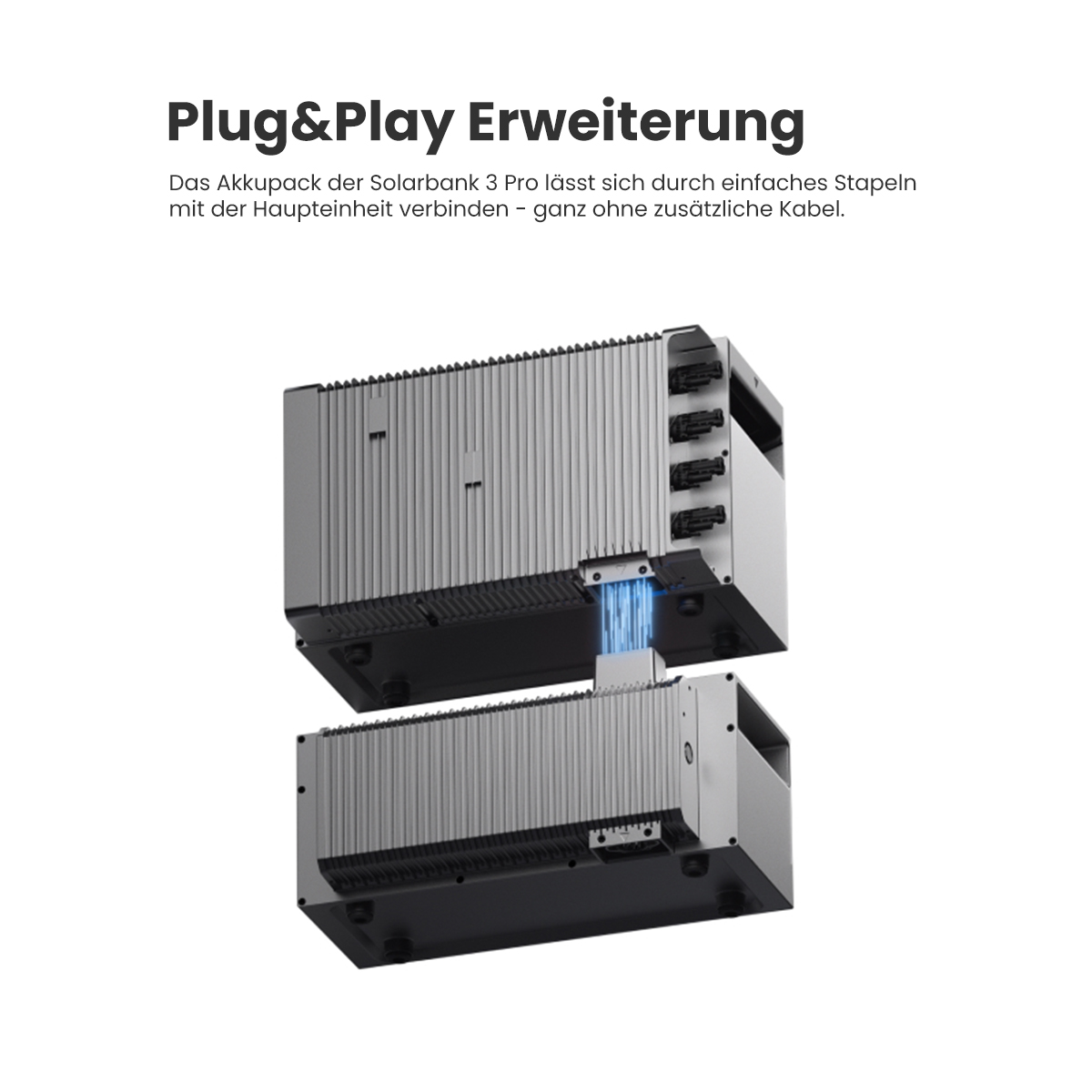 Zwei gestapelte silber-graue Solarmodule mit dem Text 'Plug&Play Erweiterung'.