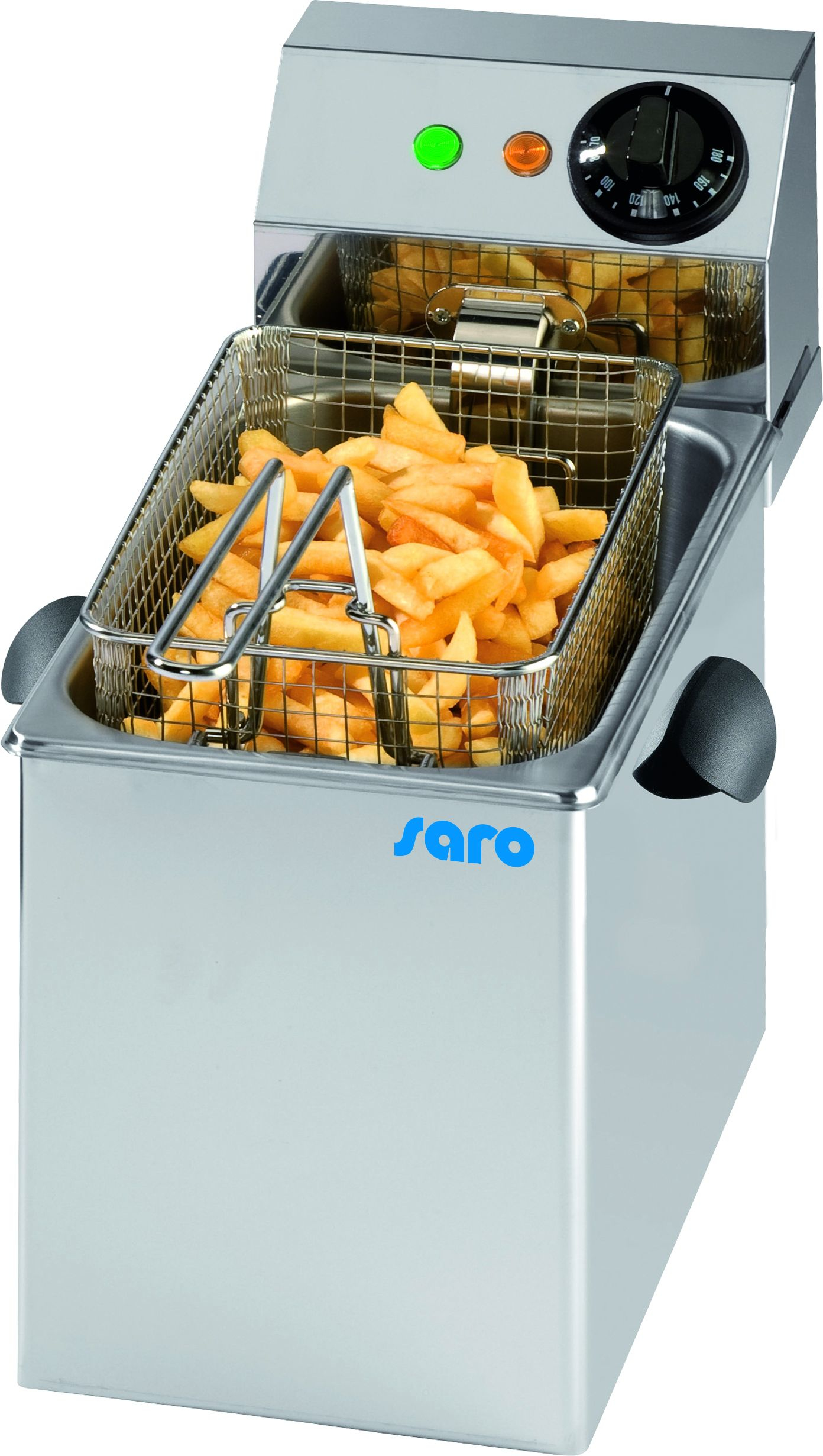 Friggitrice in acciaio inossidabile con patatine fritte. Cestino argentato pieno di patatine fritte. Logo Saro blu.