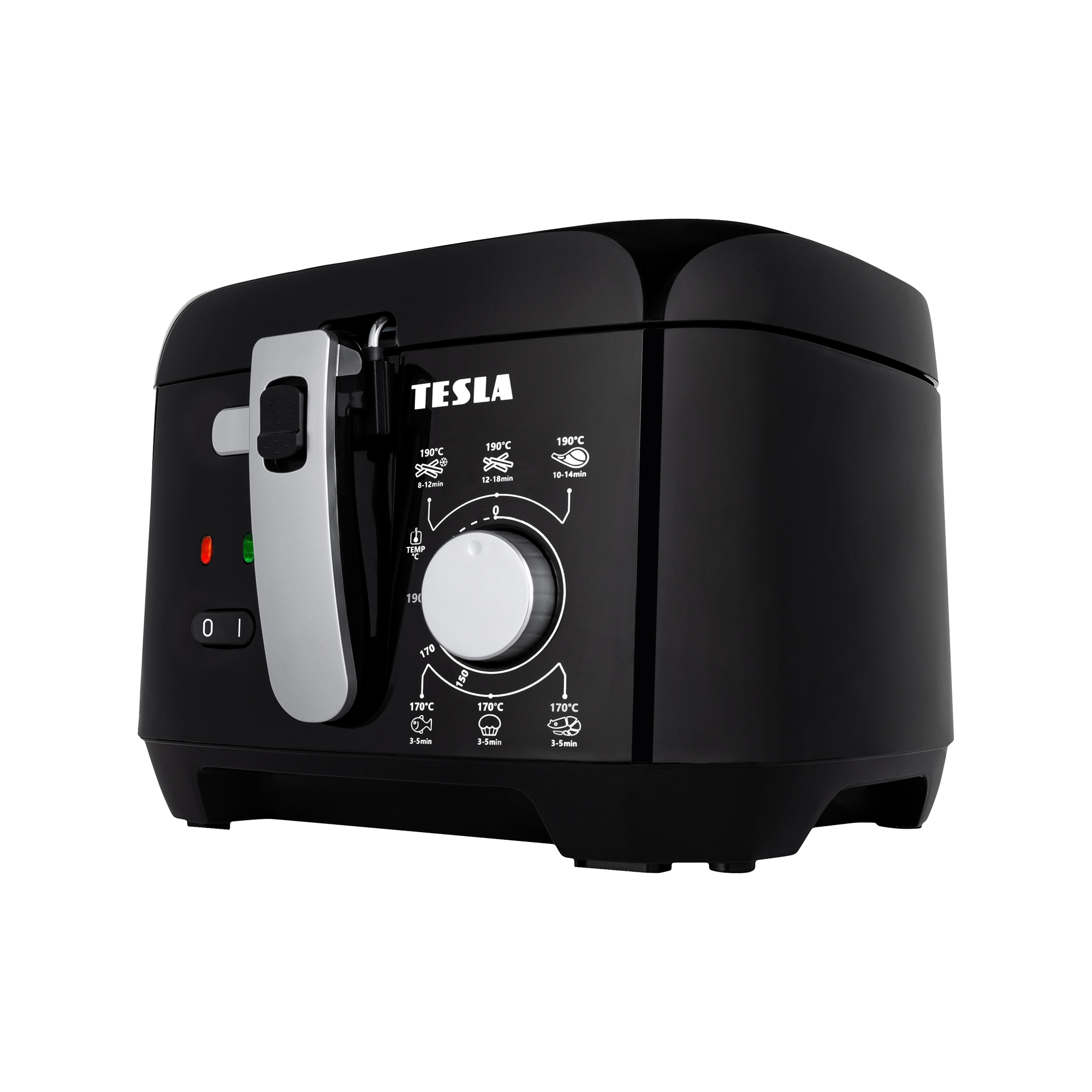 Schwarze Tesla-Fritteuse mit Drehregler und Kontrollleuchten. Verfügt über Einstellungen für verschiedene Temperaturen und Garzeiten.