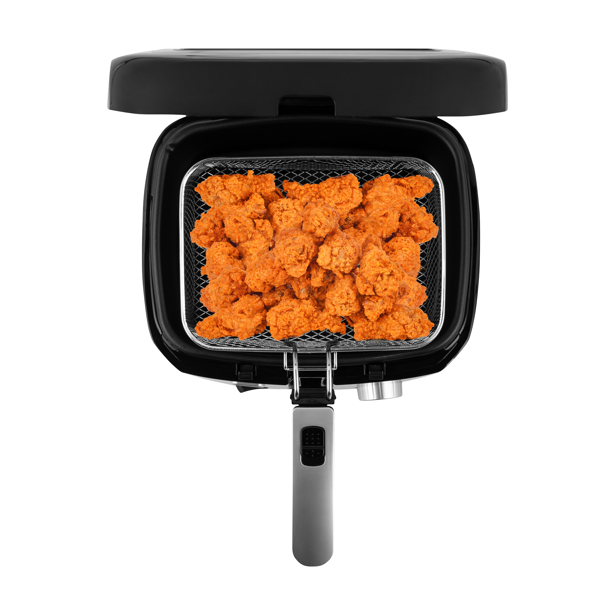 Schwarze Heißluftfritteuse mit Chicken Nuggets. Der Deckel ist geöffnet.