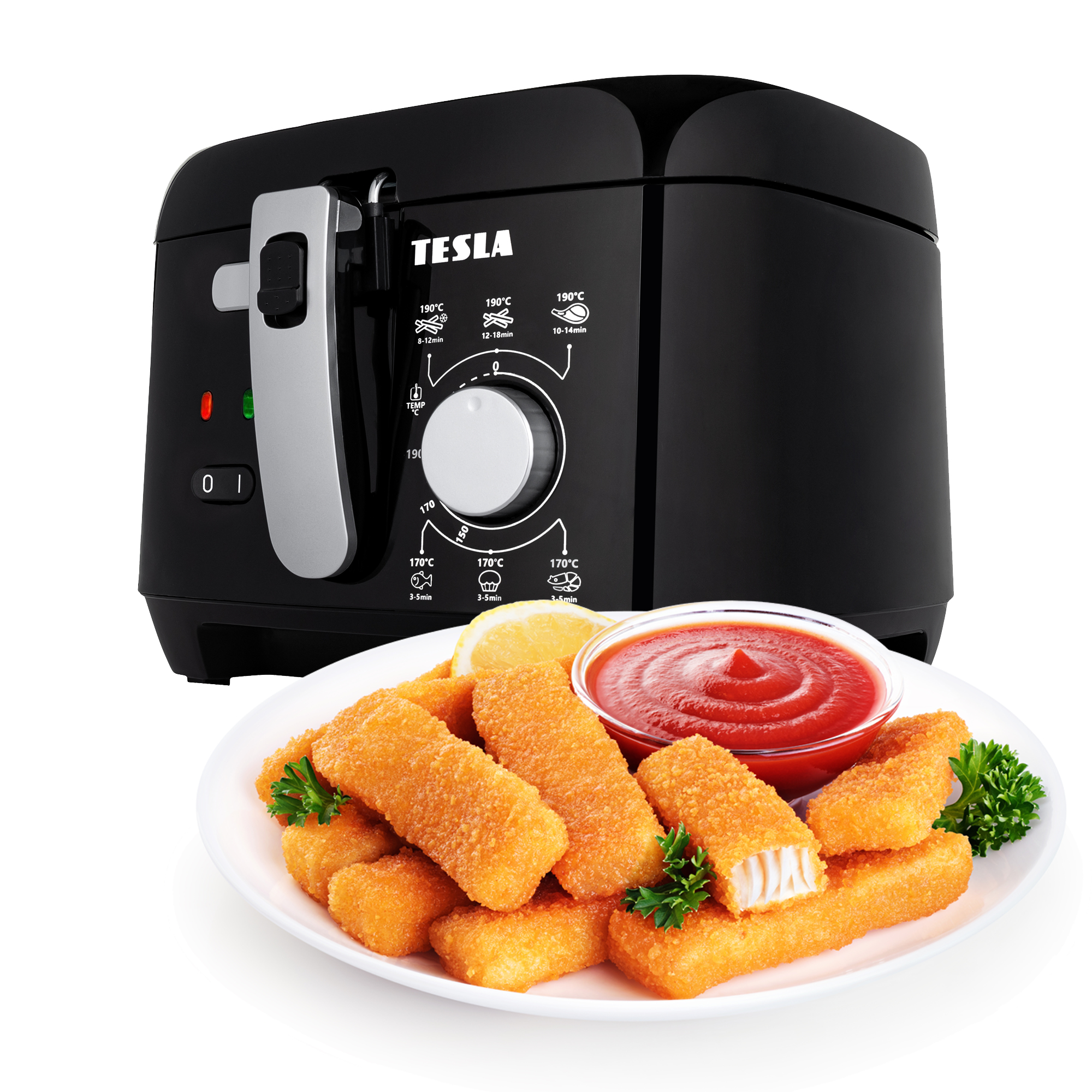 Schwarze Tesla Fritteuse mit Pommes und Fischstäbchen auf einem Teller mit Soße.