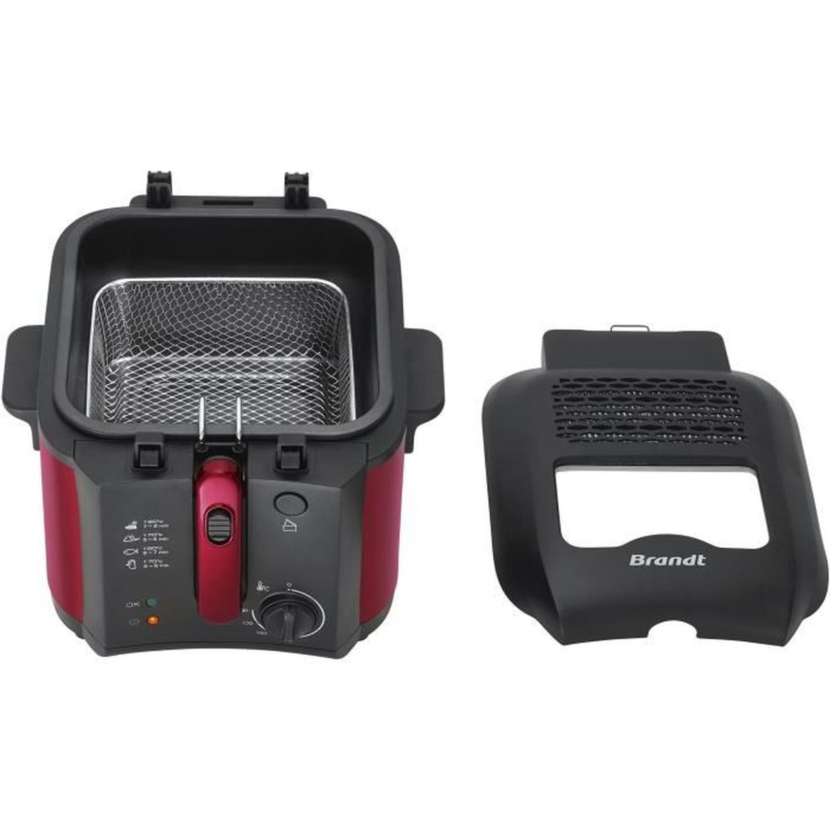 Otwarta frytownica z koszem. Czerwono-czarny design, bez pokrywy.