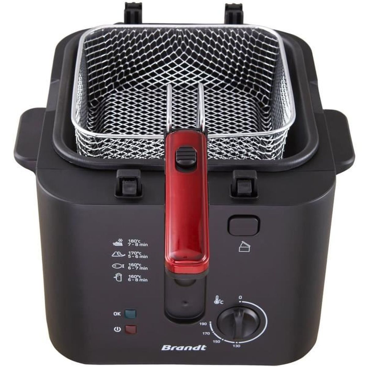 Czarna frytkownica z czerwonym uchwytem i srebrnym koszem. Panel sterowania z przodu.