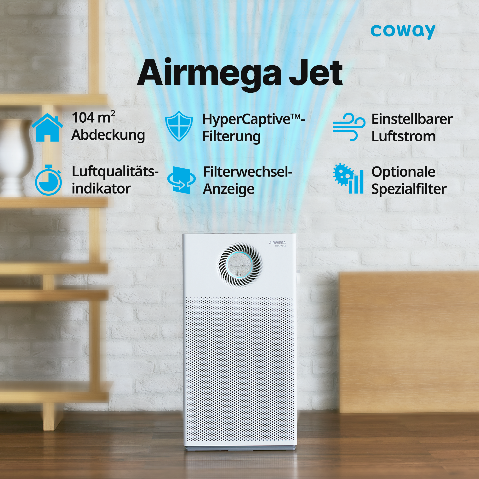 Weißer Luftreiniger mit Symbolen und Text zur Beschreibung seiner Funktionen, in einer häuslichen Umgebung.