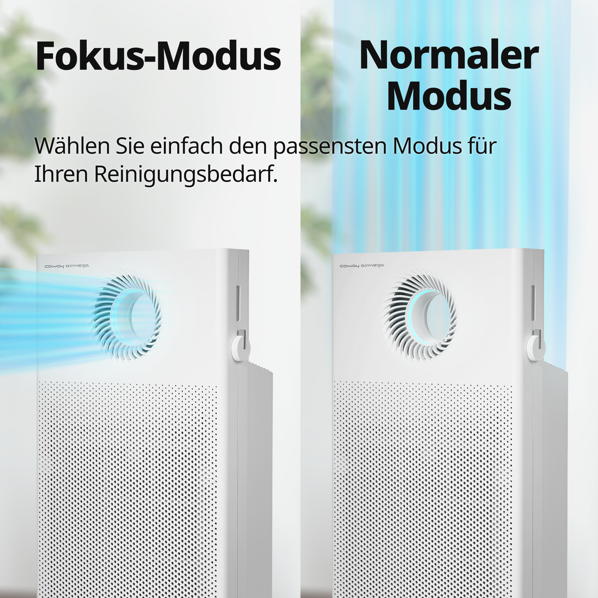 Zwei weiße Luftreiniger. Text auf Deutsch über die Vorteile des Geräts.