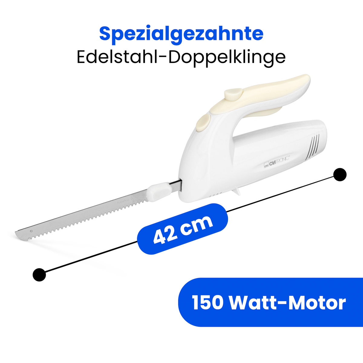 Biały nóż elektryczny z ostrzem. Tekst: Silnik 150 W, 42 cm.