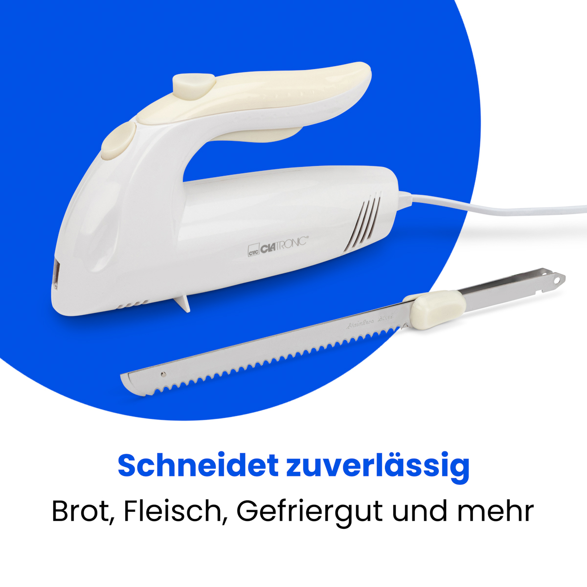 Biały nóż elektryczny z ostrzem i tekstem: Schneidet zuverlässig.