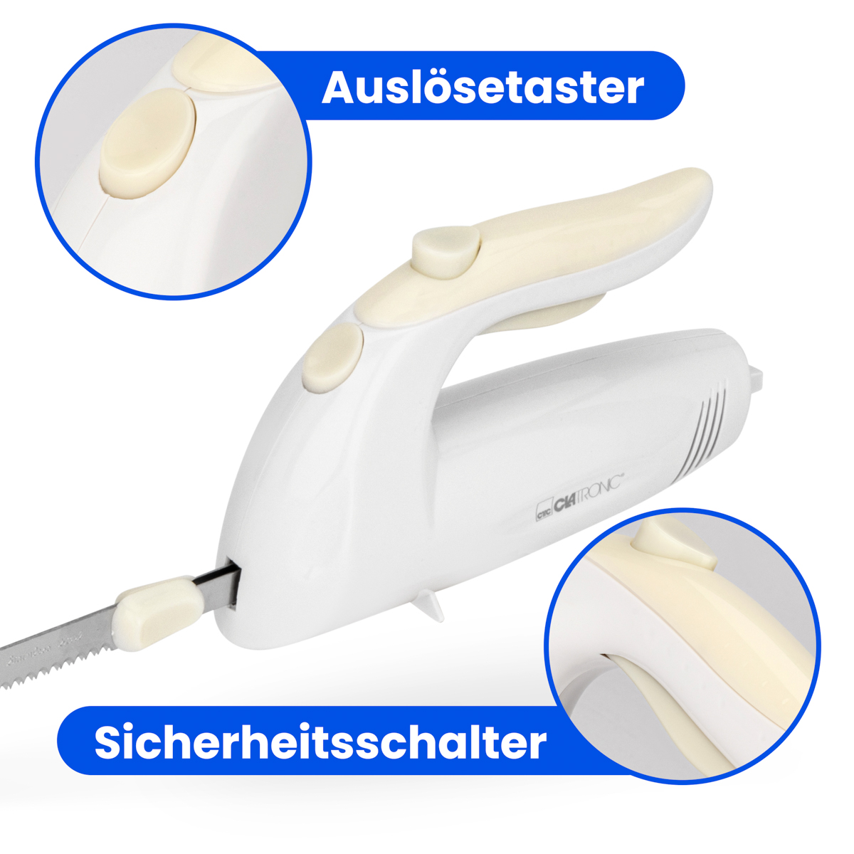 Biały elektryczny nóż do krojenia ze szczegółami przełącznika bezpieczeństwa i przycisków zwalniających.