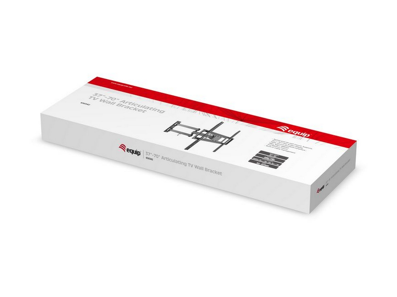 Een witte doos met een zwarte tv-muurbeugel erin, gelabeld met productinformatie.