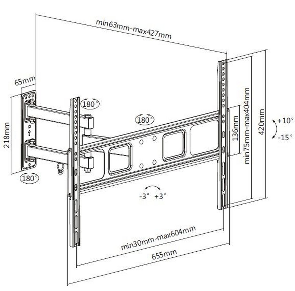 Technische tekening van een zwarte metalen muurbeugel voor een tv.