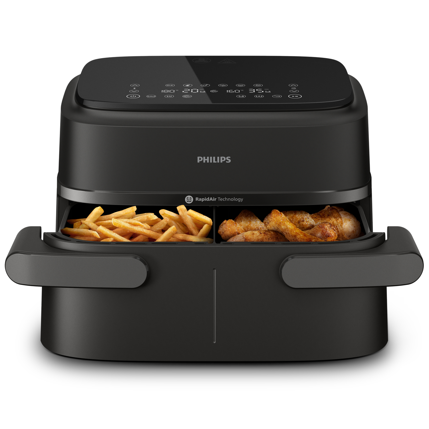 Una friggitrice ad aria Philips nera con due scomparti, uno con patatine fritte e l'altro con pezzi di pollo.