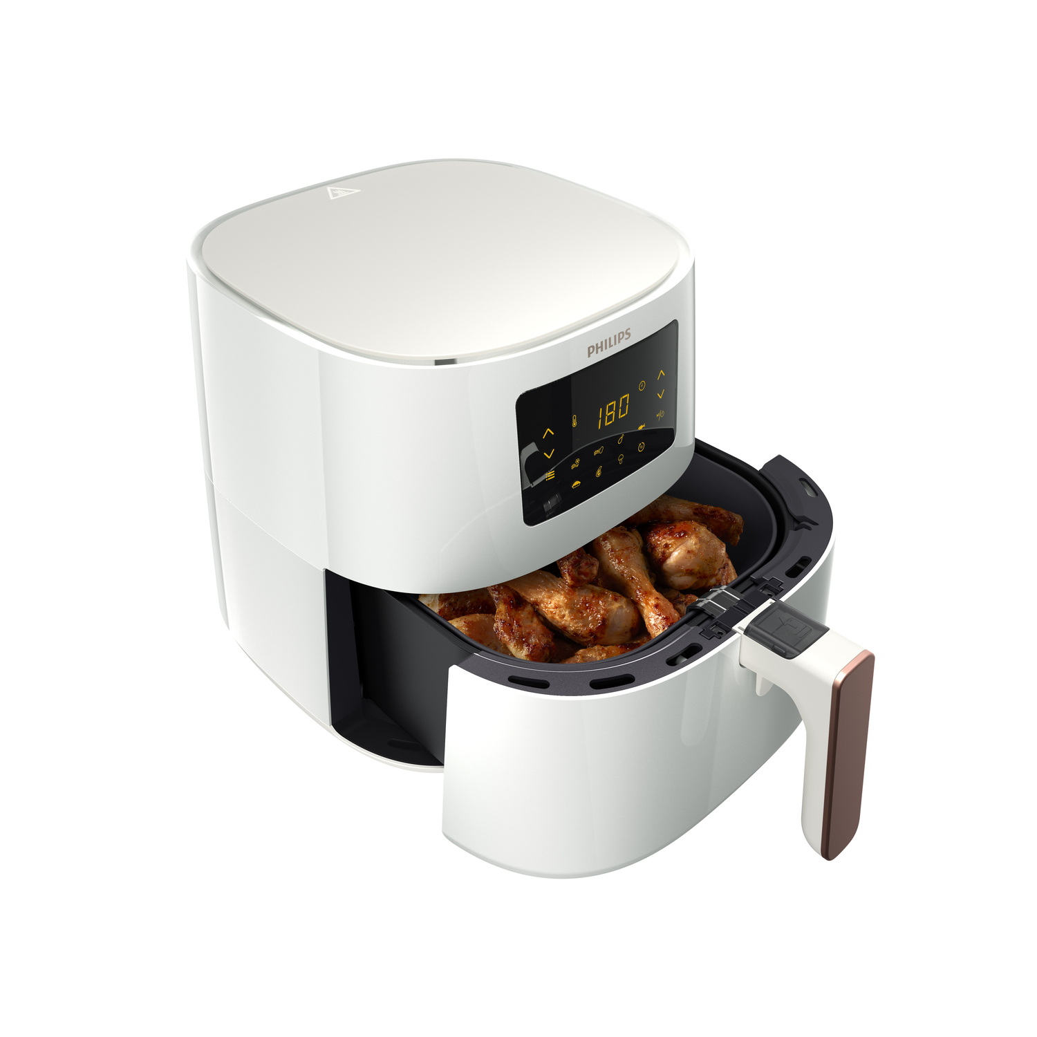 Una freidora de aire con cuerpo blanco, abierta para mostrar pollo cocinado dentro.