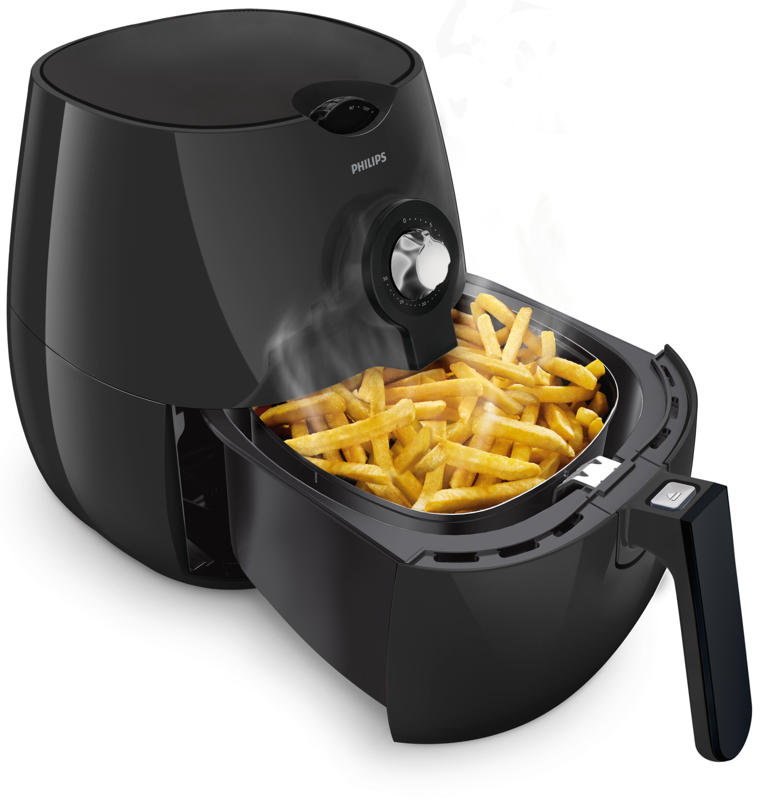Una friggitrice ad aria Philips nera con patatine fritte all'interno del cestello.