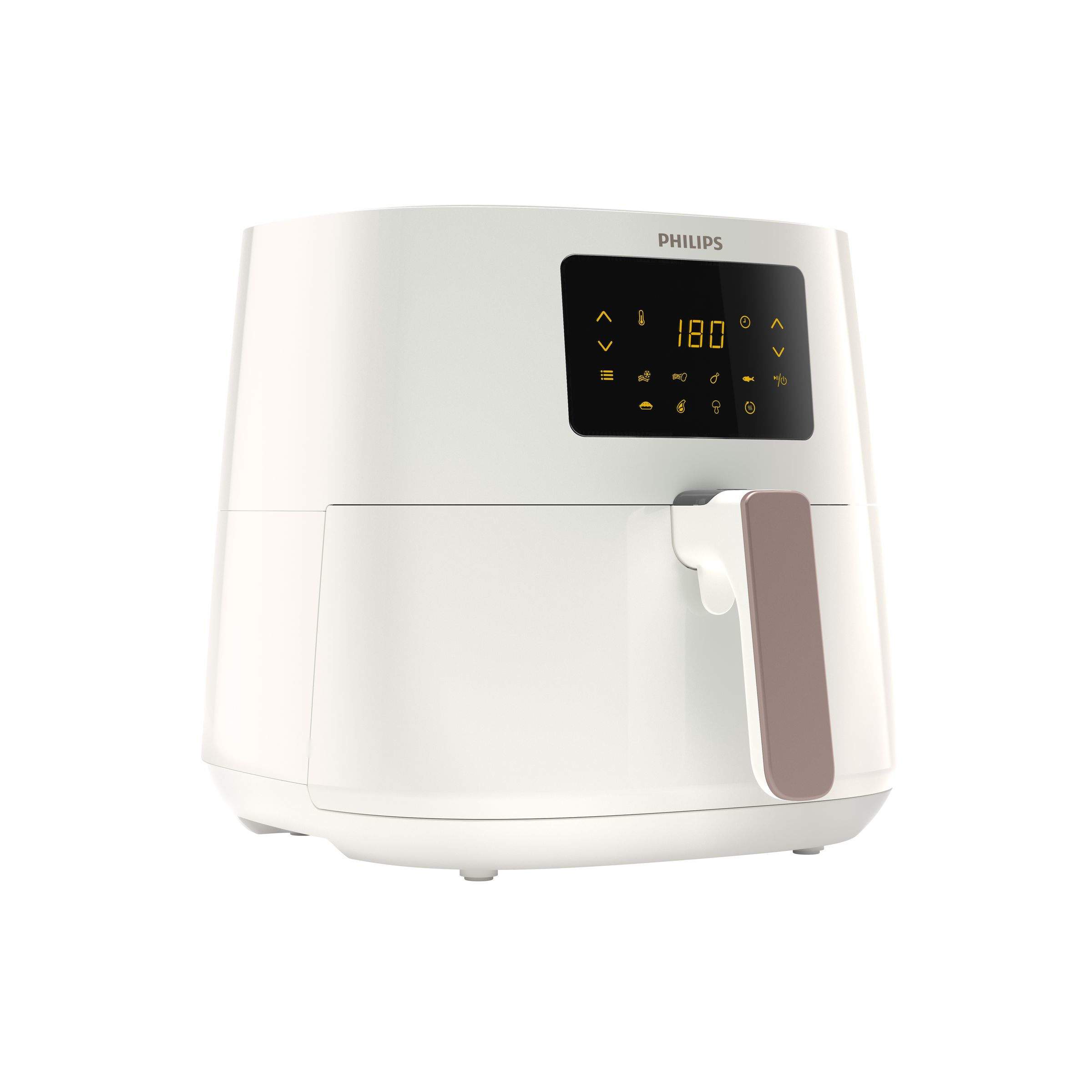 Una freidora de aire blanca con un asa y una pantalla digital. Tiene la marca Philips.