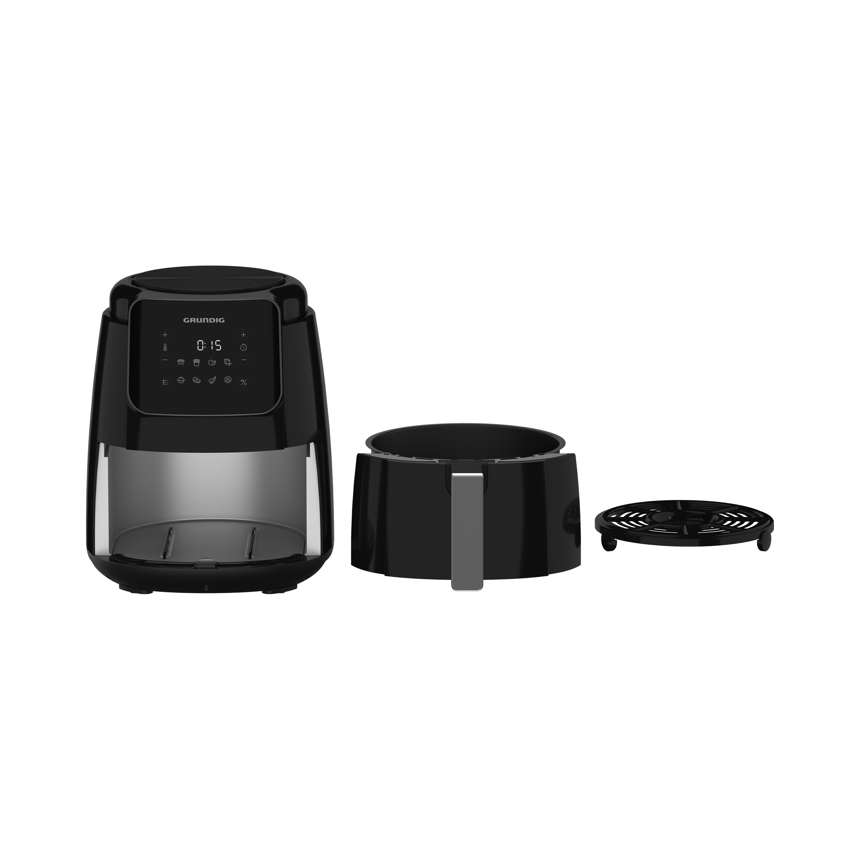 Siyah Grundig airfryer, çıkarılabilir sepet ve ızgara plakası ile. Beyaz zeminde.