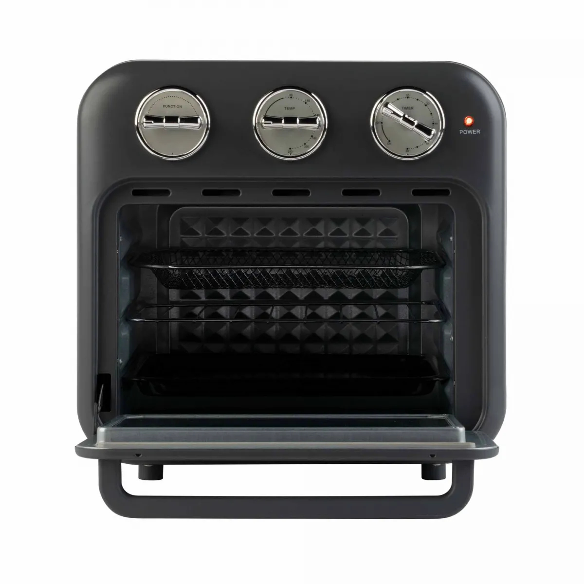 Horno freidora de aire gris oscuro con puerta abierta, diales y bandejas dentro.