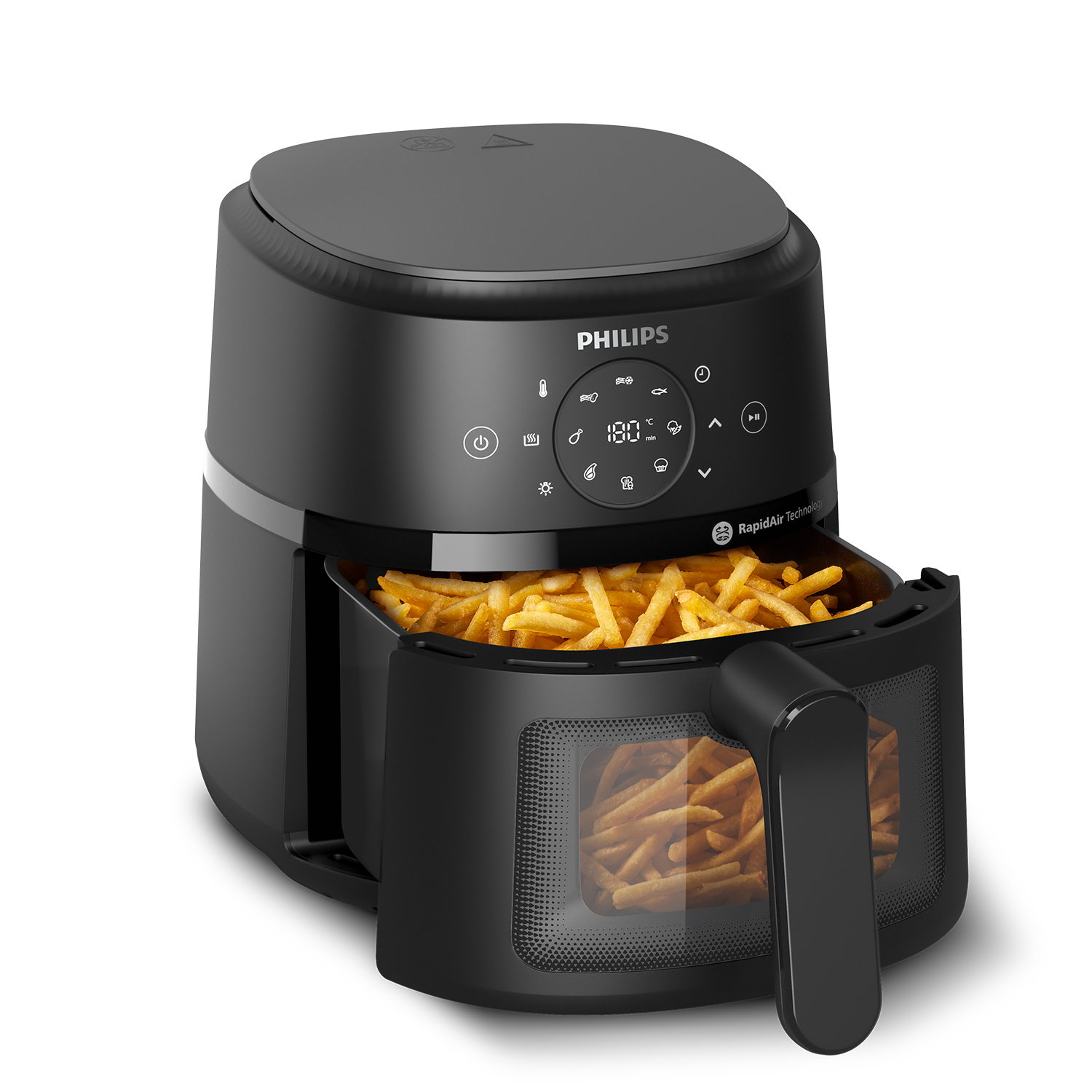 Schwarze Fritteuse mit Pommes im Korb. Bedienelemente oben. RapidAir-Technologie.