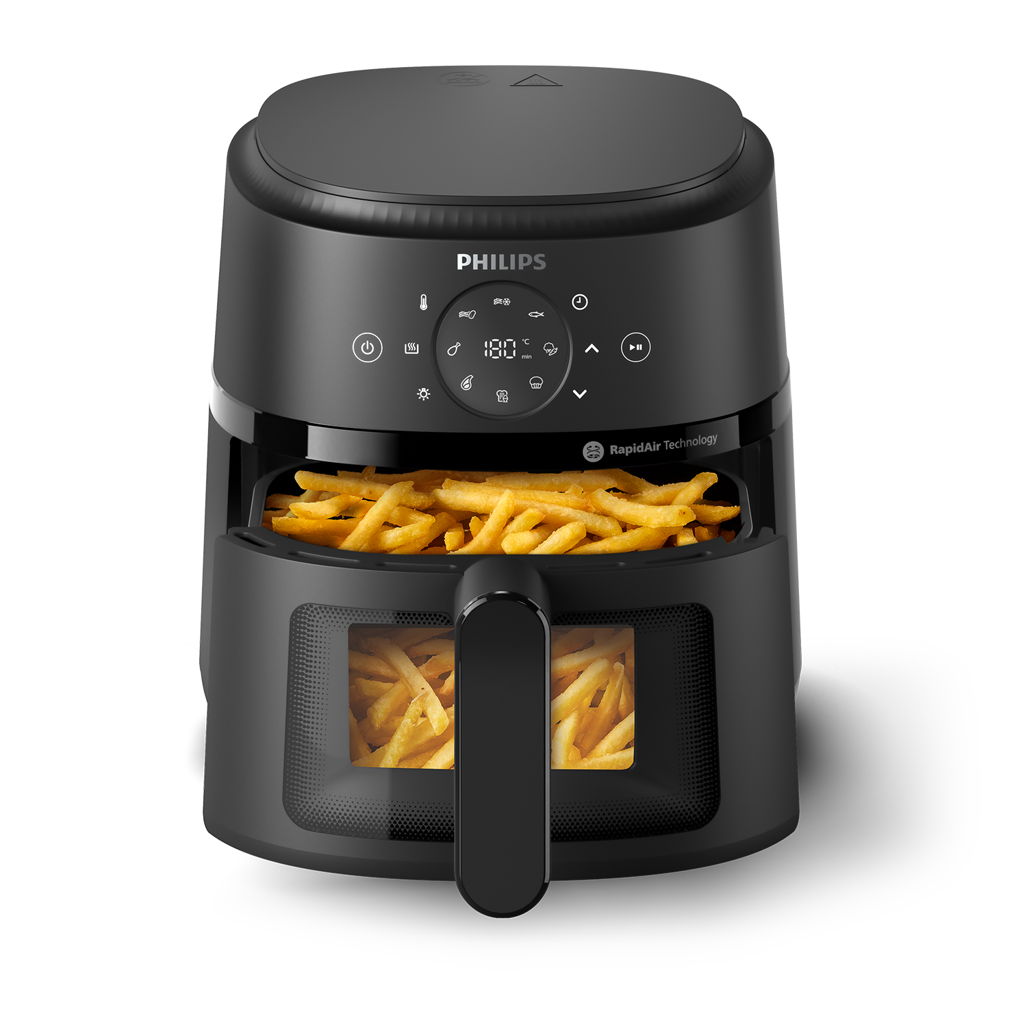 Schwarze Philips Heißluftfritteuse mit Fritten. Vorderansicht, Digitalanzeige und Griff sichtbar.