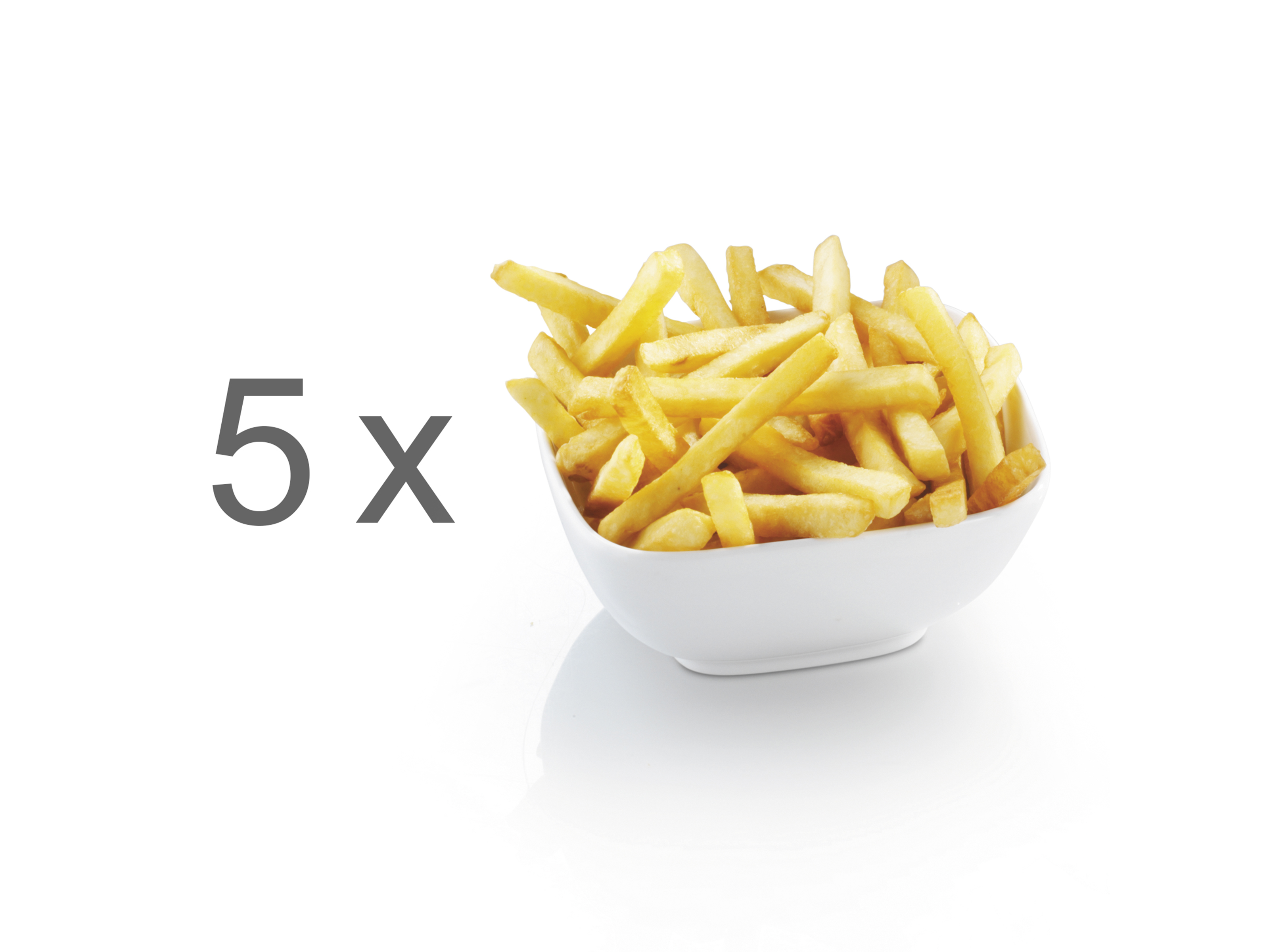 Una ciotola di patatine fritte accanto al testo "5x" su sfondo bianco.