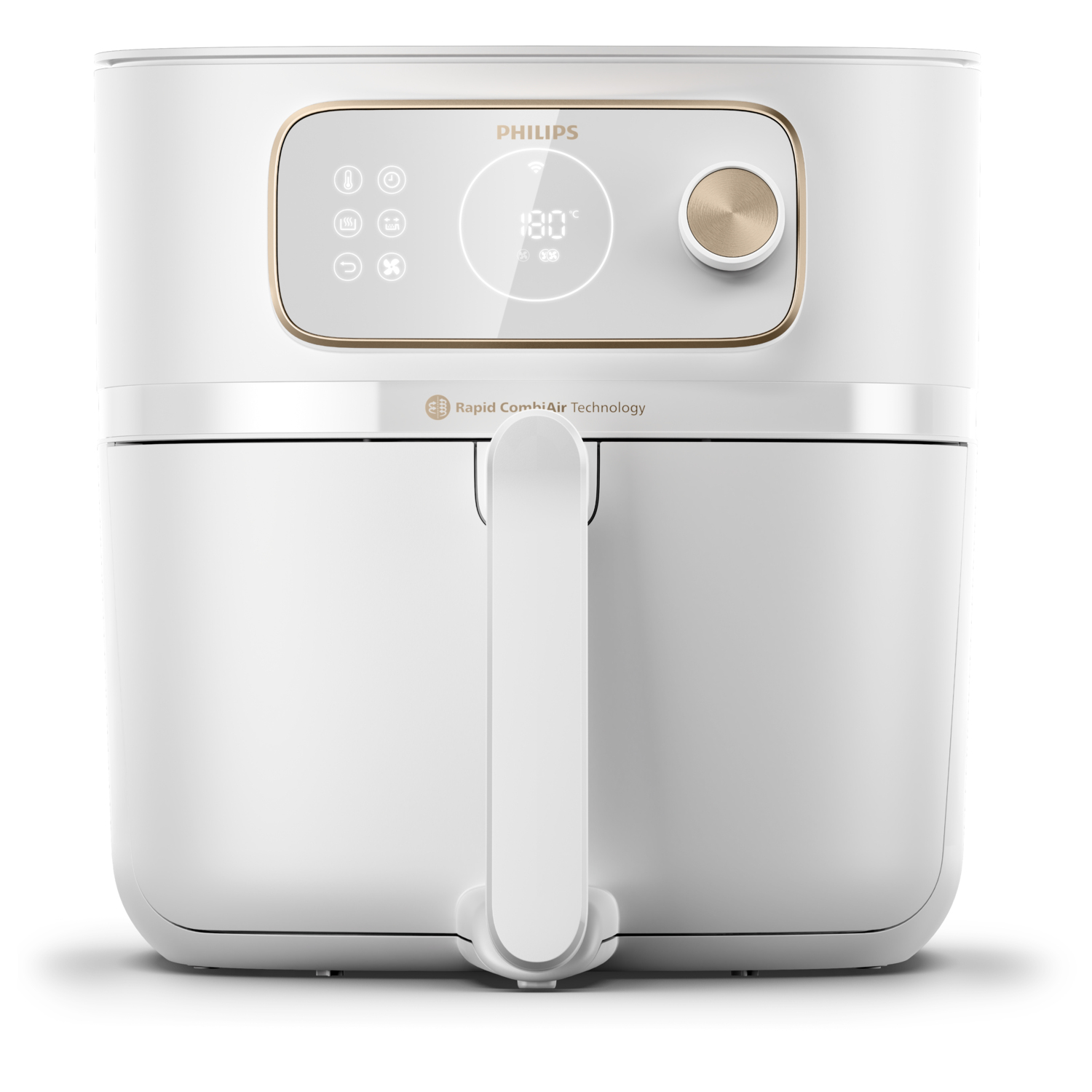 Weißer Philips Airfryer mit goldenen Akzenten, Bedienfeld zeigt 180°C. Hat einen Griff.