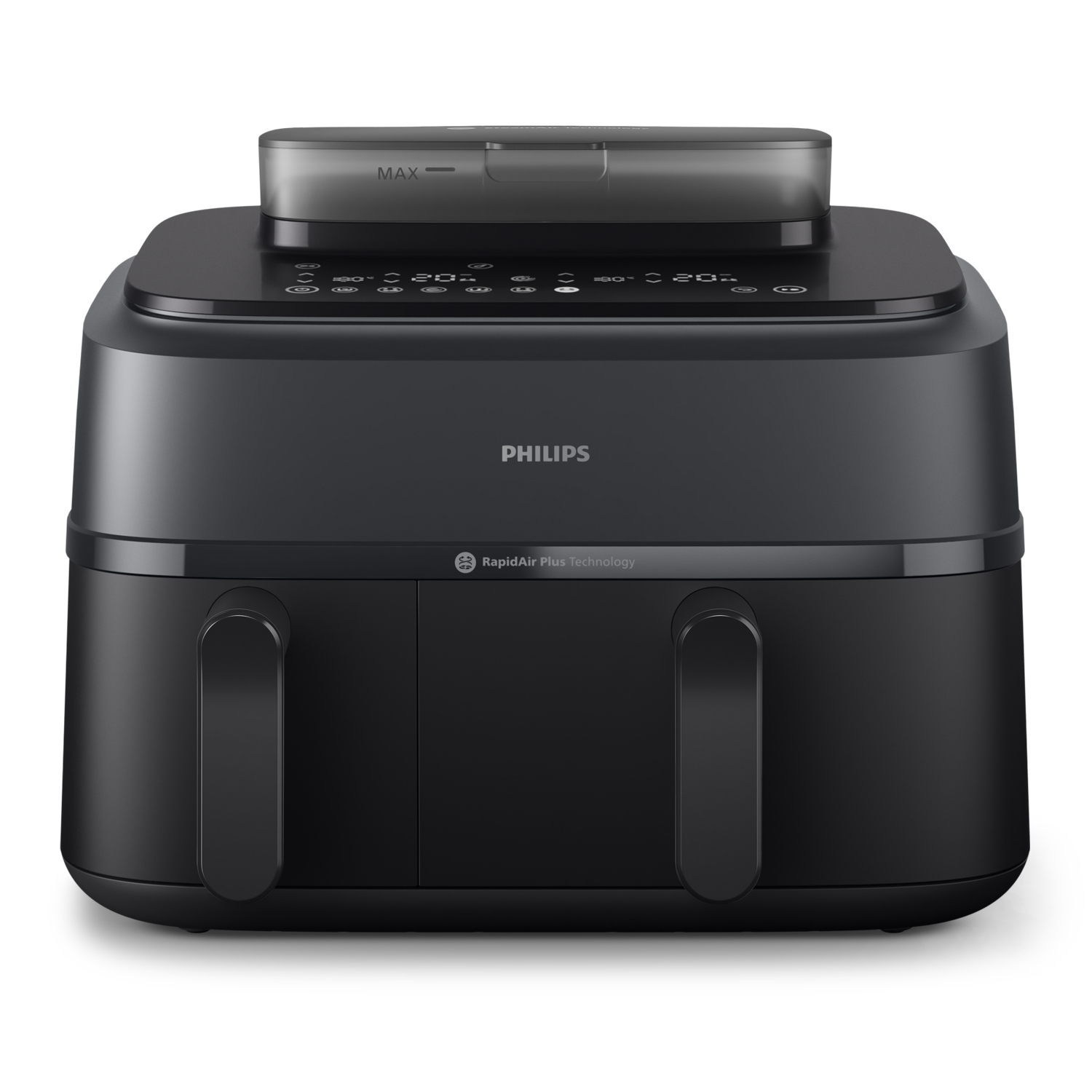 Czarna frytkownica Philips z dwoma uchwytami i Rapid Air Plus Technology, na białym tle.