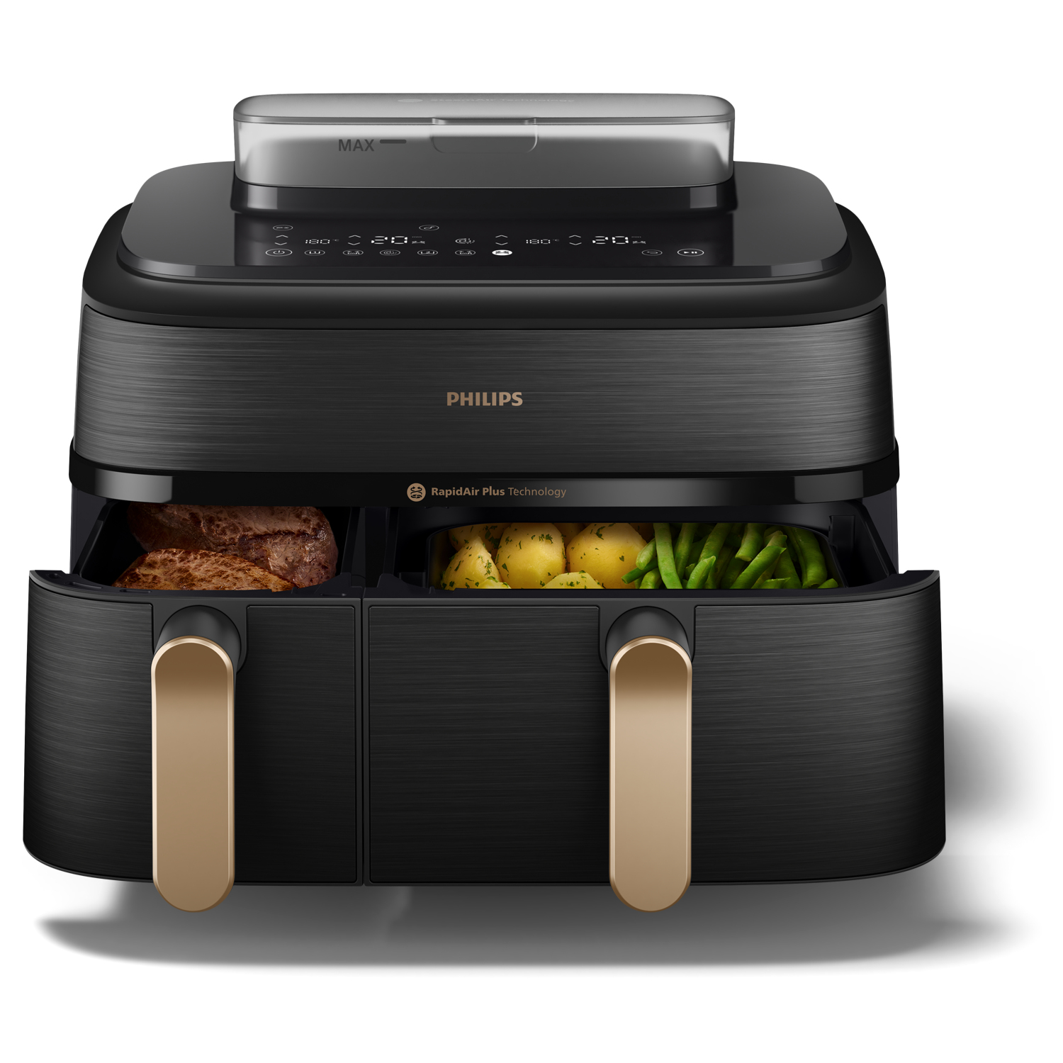 Czarna frytkownica powietrzna z dwoma komorami. Frytkownica jest na białym tle z widocznym jedzeniem w środku.