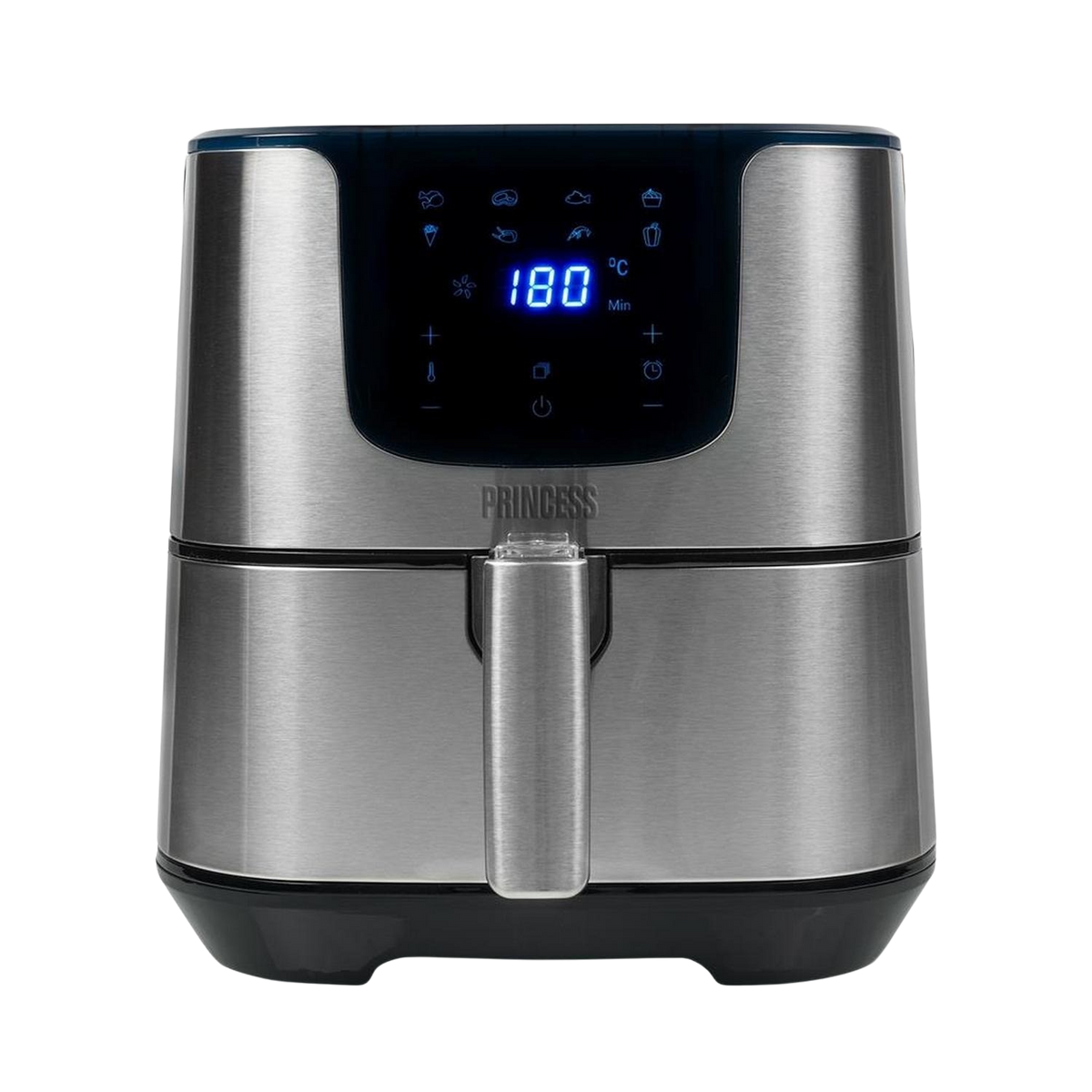 Srebrna frytkownica beztłuszczowa z cyfrowym wyświetlaczem i uchwytem, na czarnym tle.