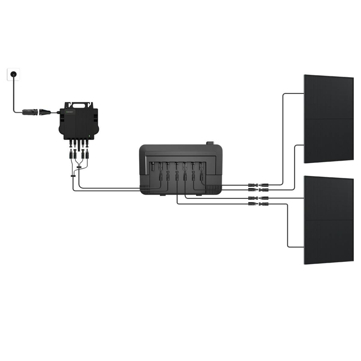 Schema des Solarmodulaufbaus mit Wechselrichtern und Verkabelung.