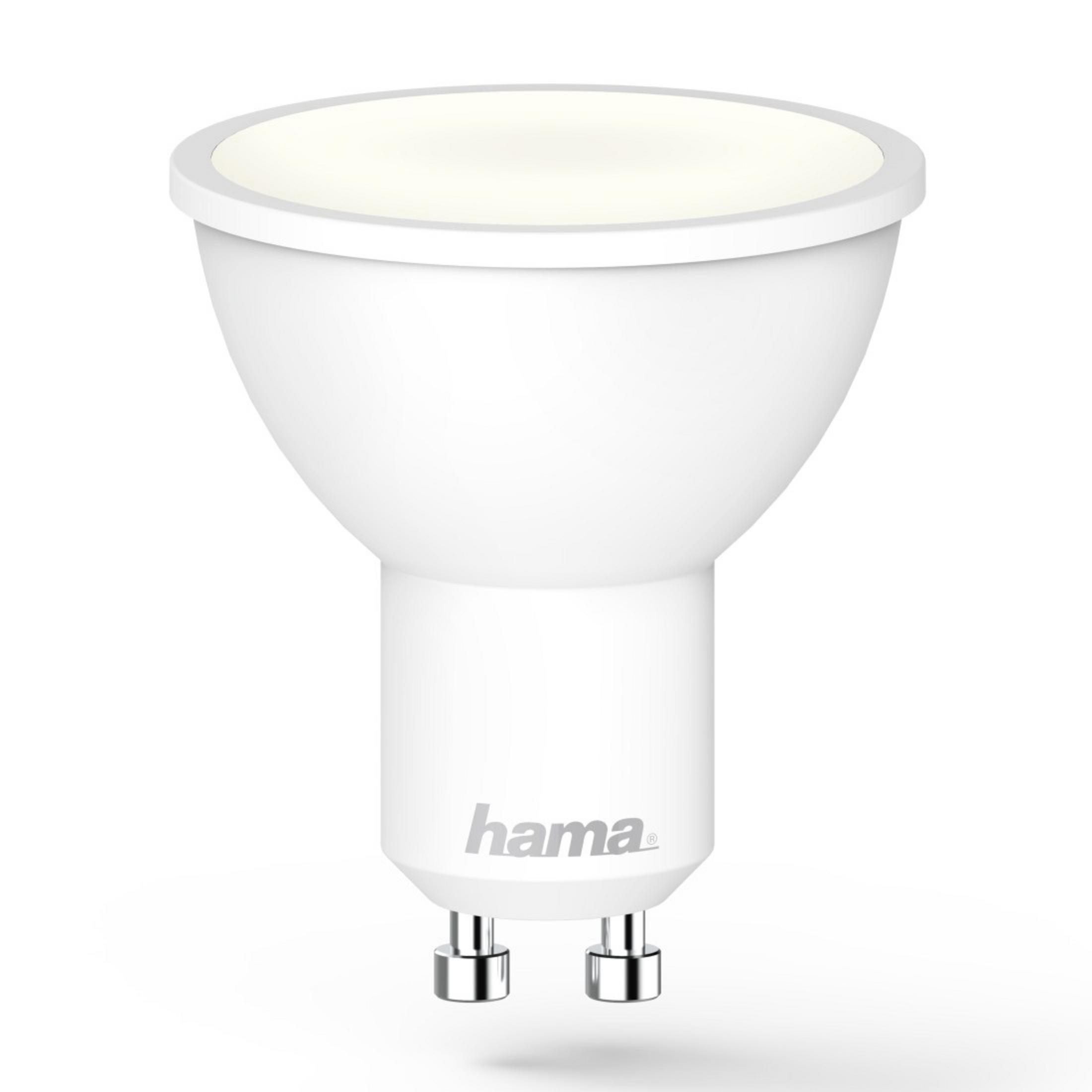 Una lampadina LED Hama bianca con una parte superiore che emette luce. La lampadina è progettata per l'attacco GU10.