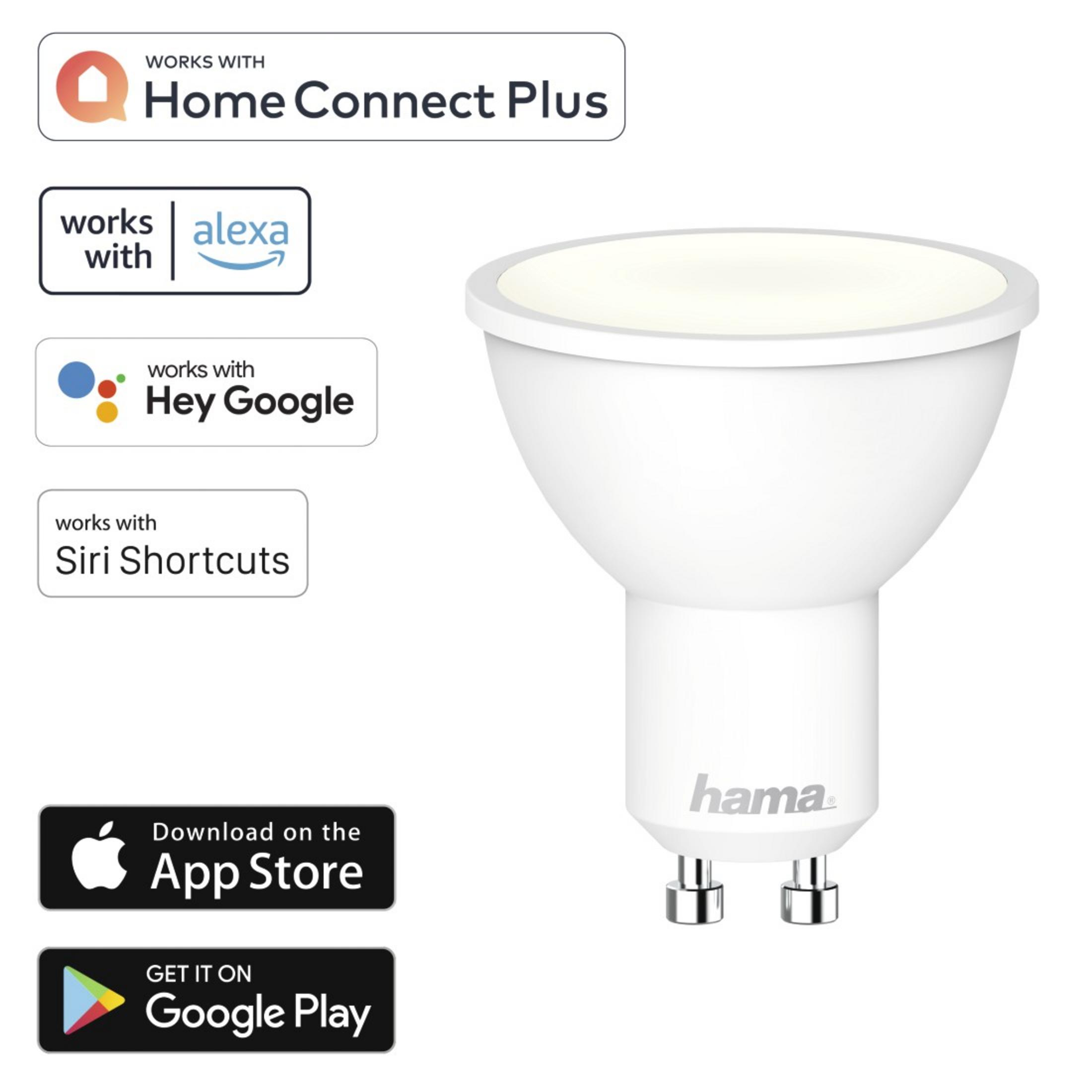 Lampadina LED Hama bianca con loghi di compatibilità smart home. Mostra icone Alexa, Google, Siri e App Store, Google Play.